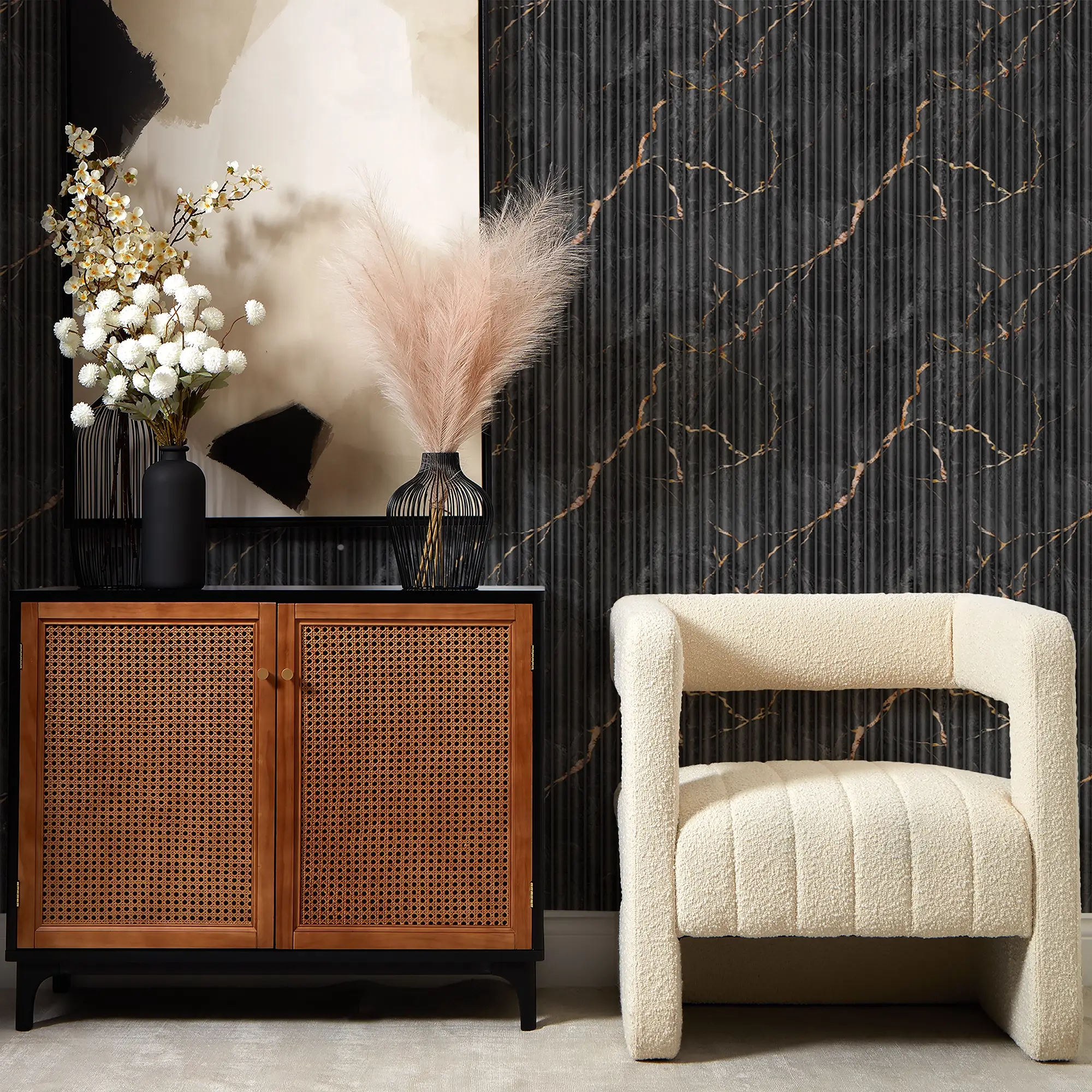 Fluted Marble Panel Wallpaper in Charcoal - Image 3