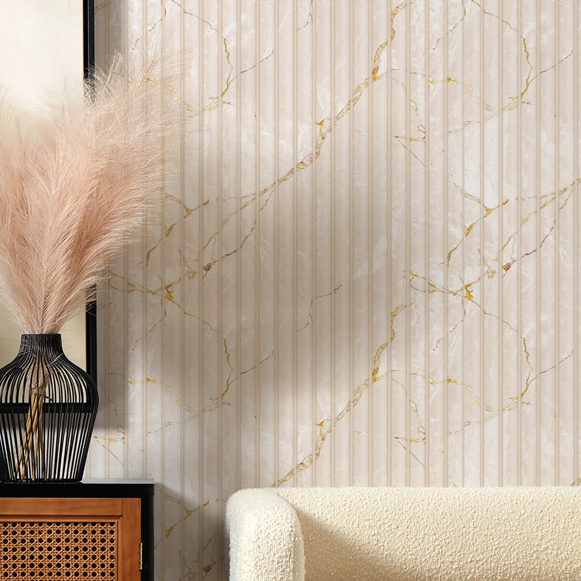 Fluted Marble Panel Wallpaper in Cream - Image 3