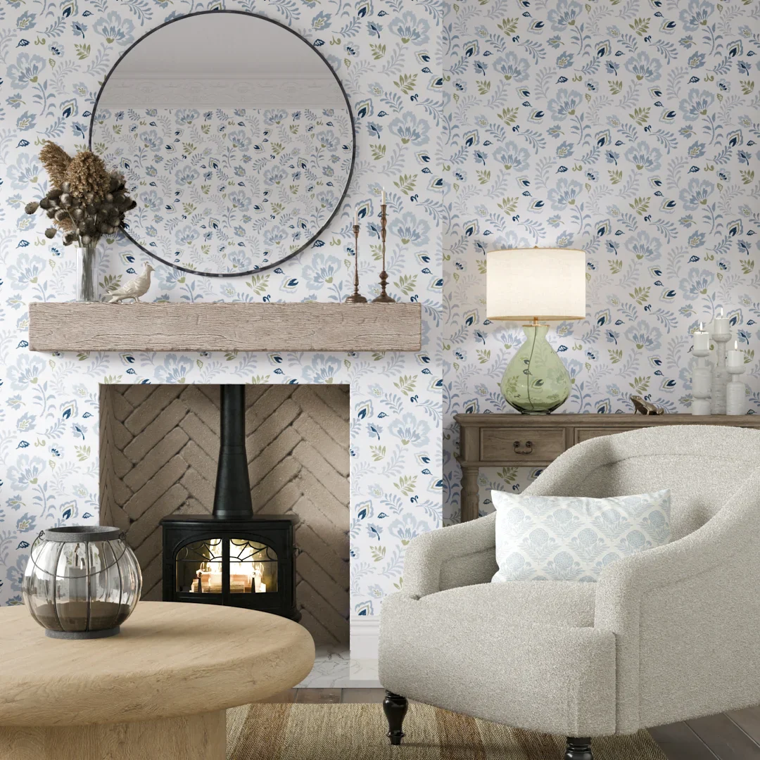 Folk Foliage Wallpaper in Blue and Sage on Cream - Image 2