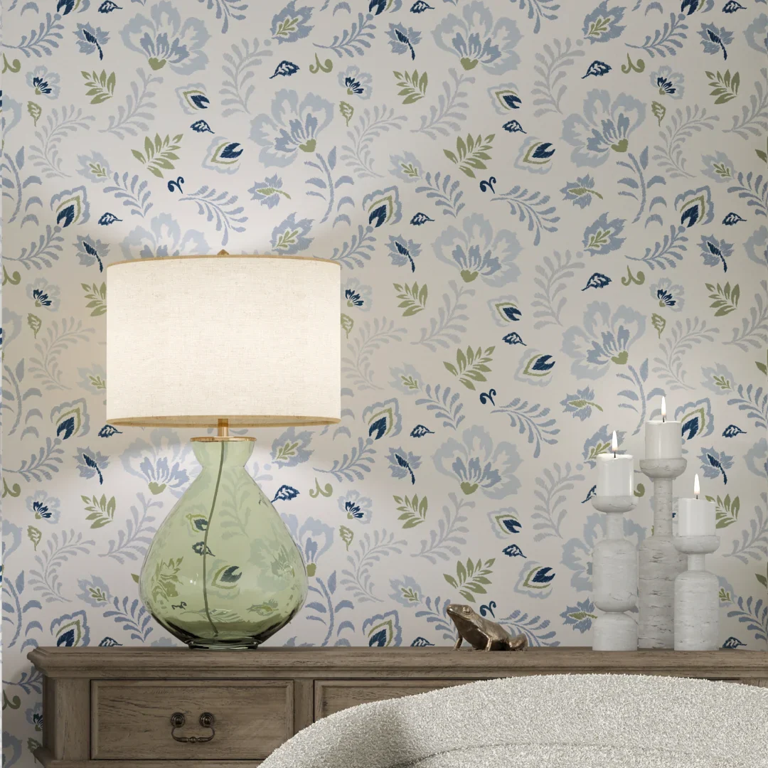 Folk Foliage Wallpaper in Blue and Sage on Cream - Image 3