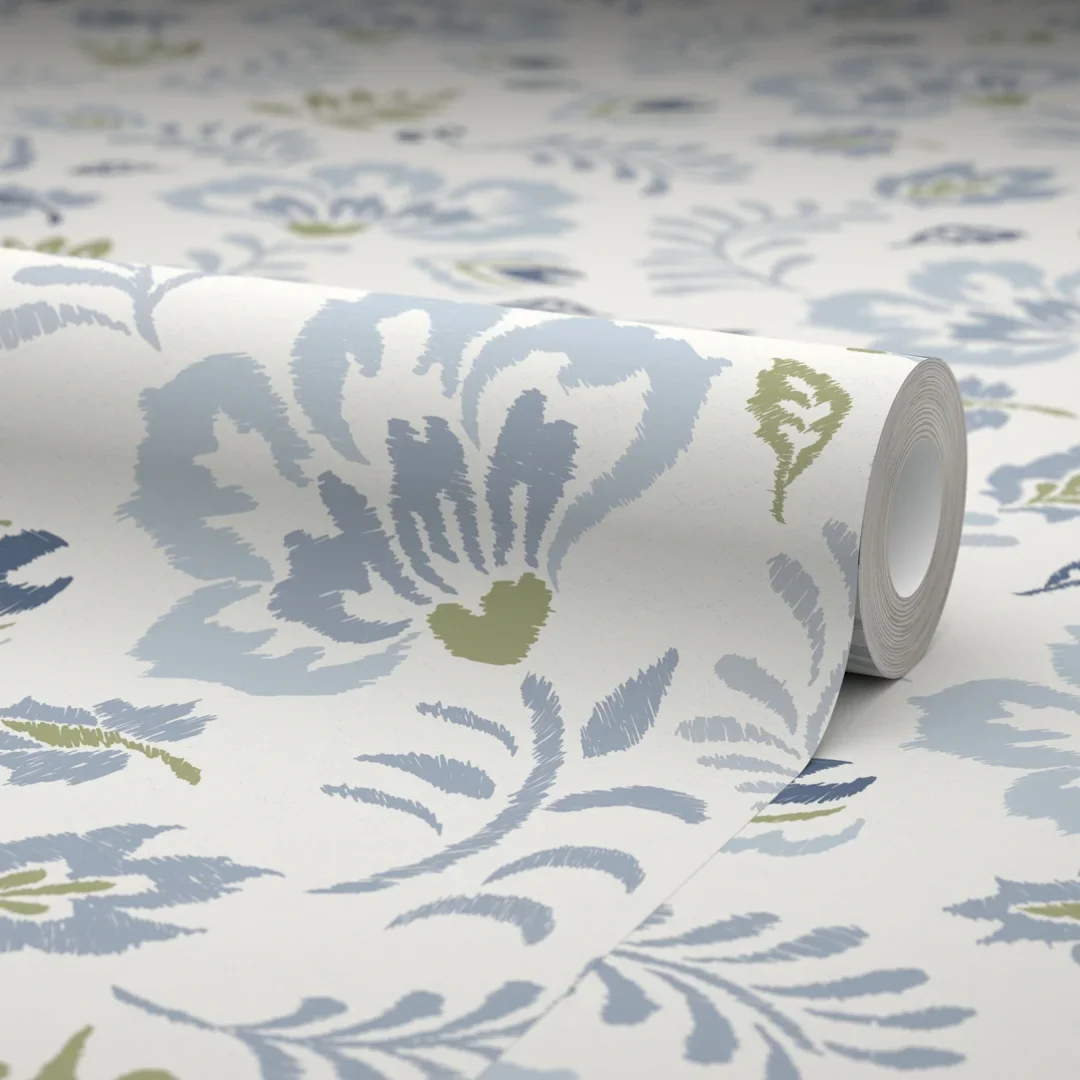 Folk Foliage Wallpaper in Blue and Sage on Cream - Image 4