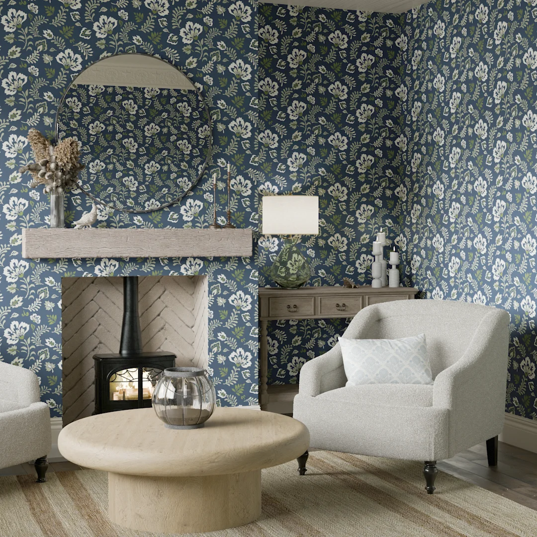 Folk Foliage Wallpaper in Navy and Sage - Image 2