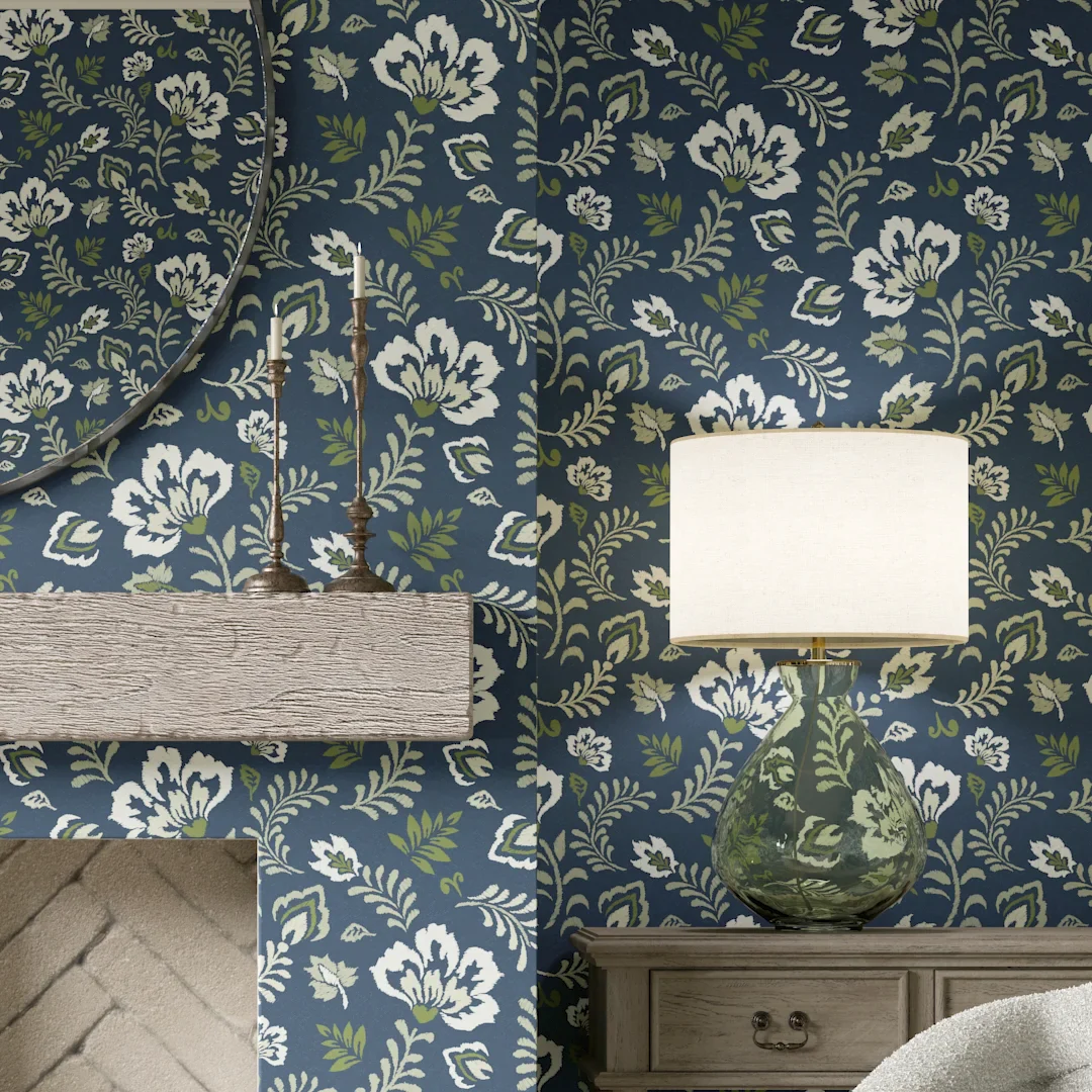 Folk Foliage Wallpaper in Navy and Sage - Image 3