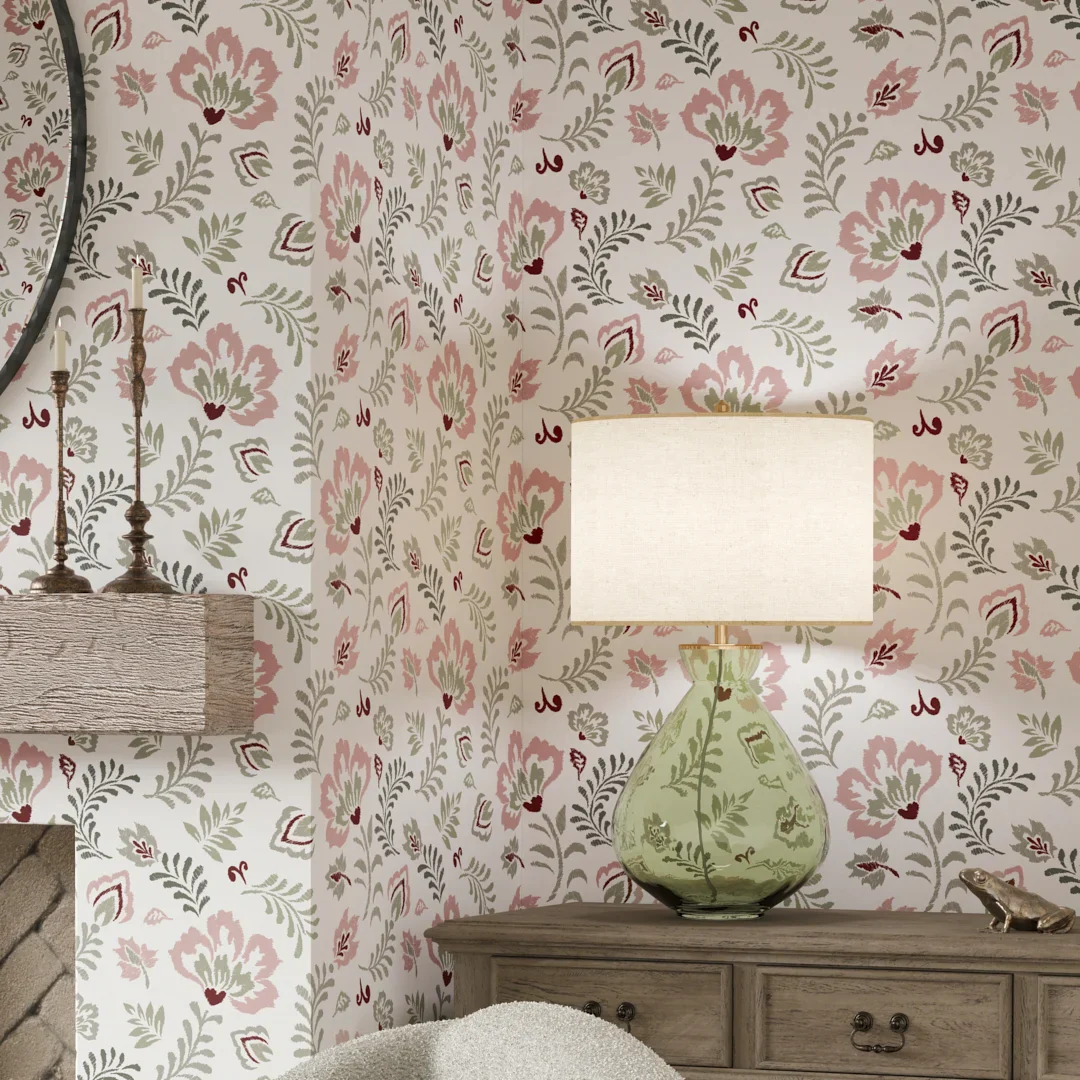 Folk Foliage Wallpaper in Vintage Pink and Sage - Image 3