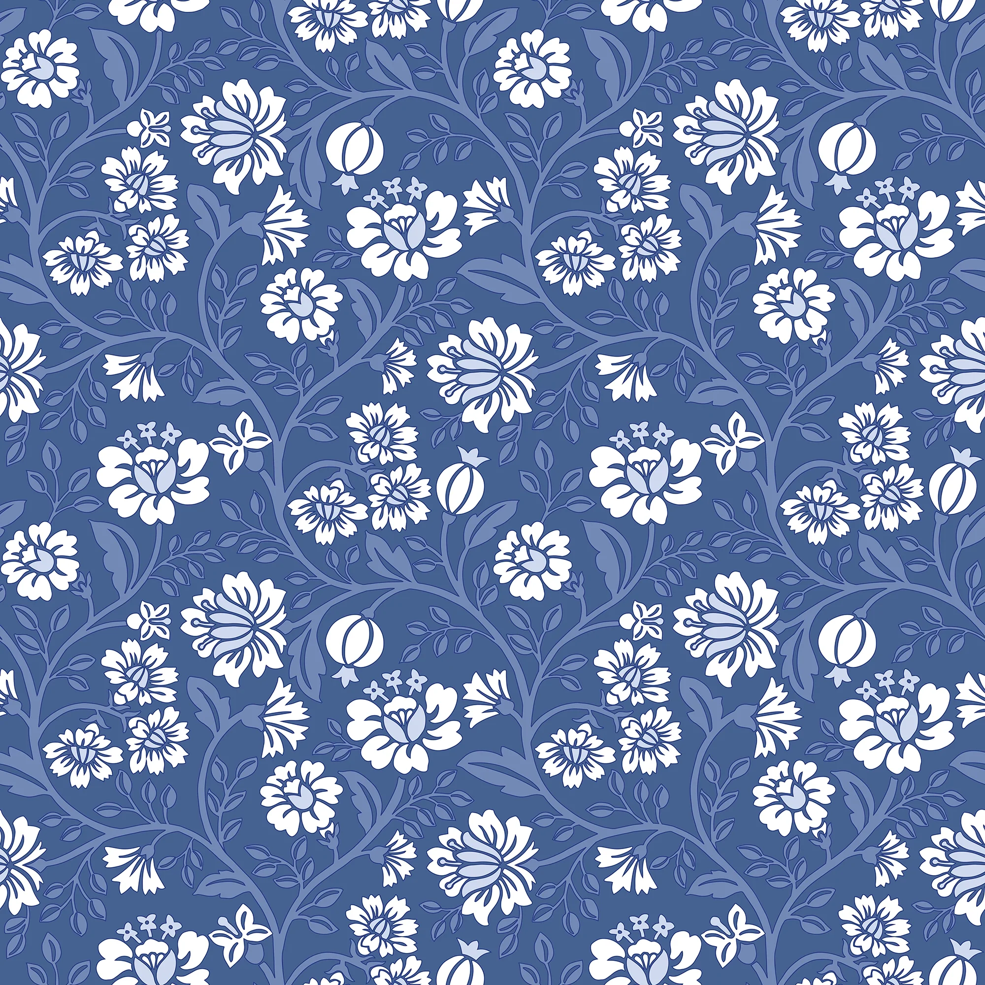 Folksy Floral Wallpaper in Blue