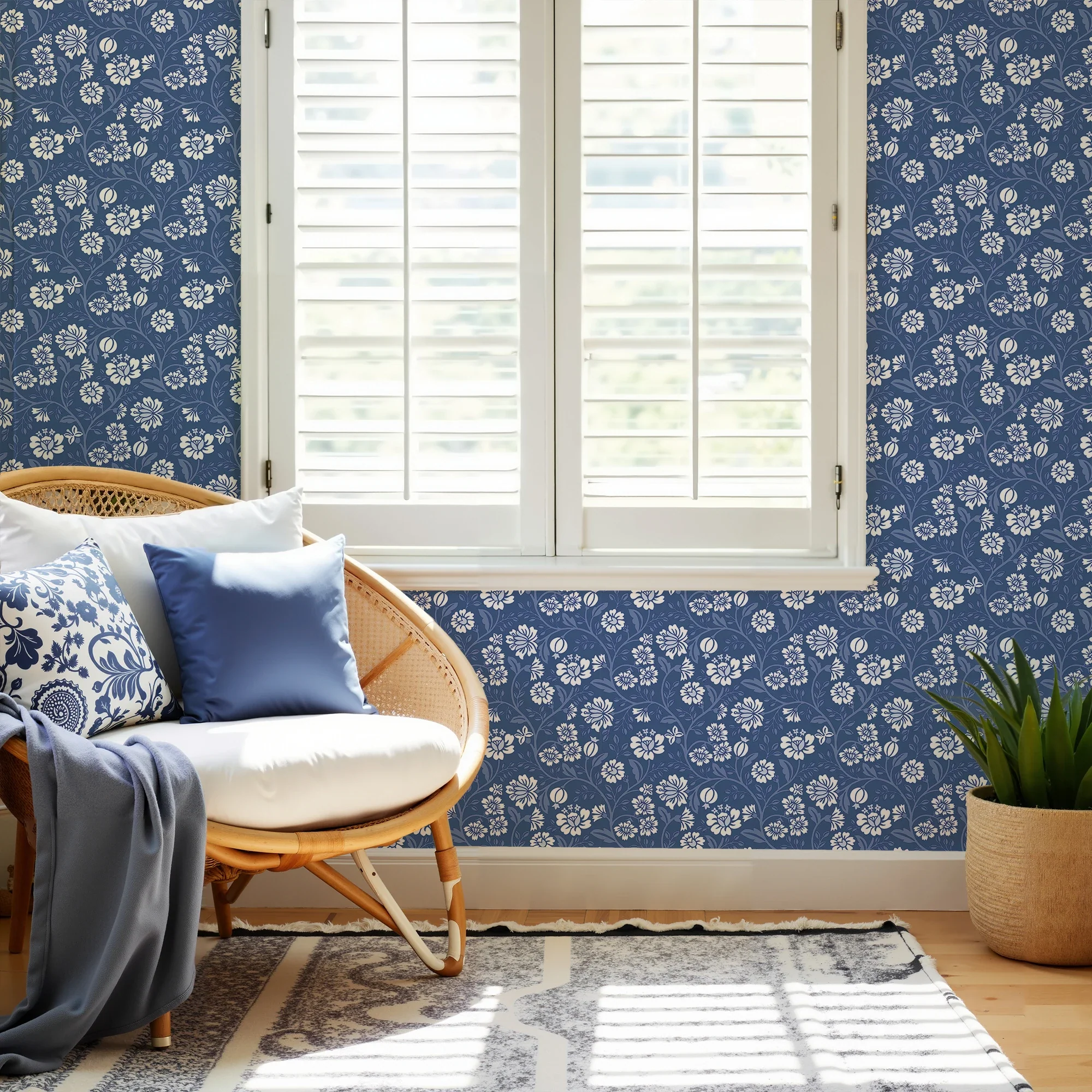 Folksy Floral Wallpaper in Blue - Image 2
