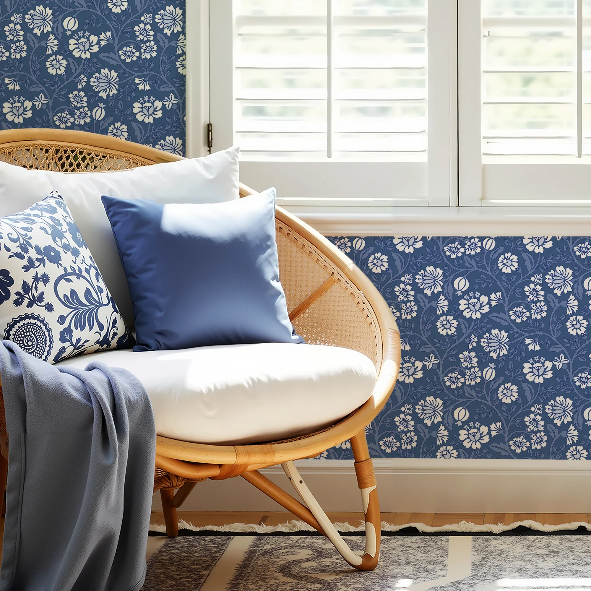 Folksy Floral Wallpaper in Blue - Image 3