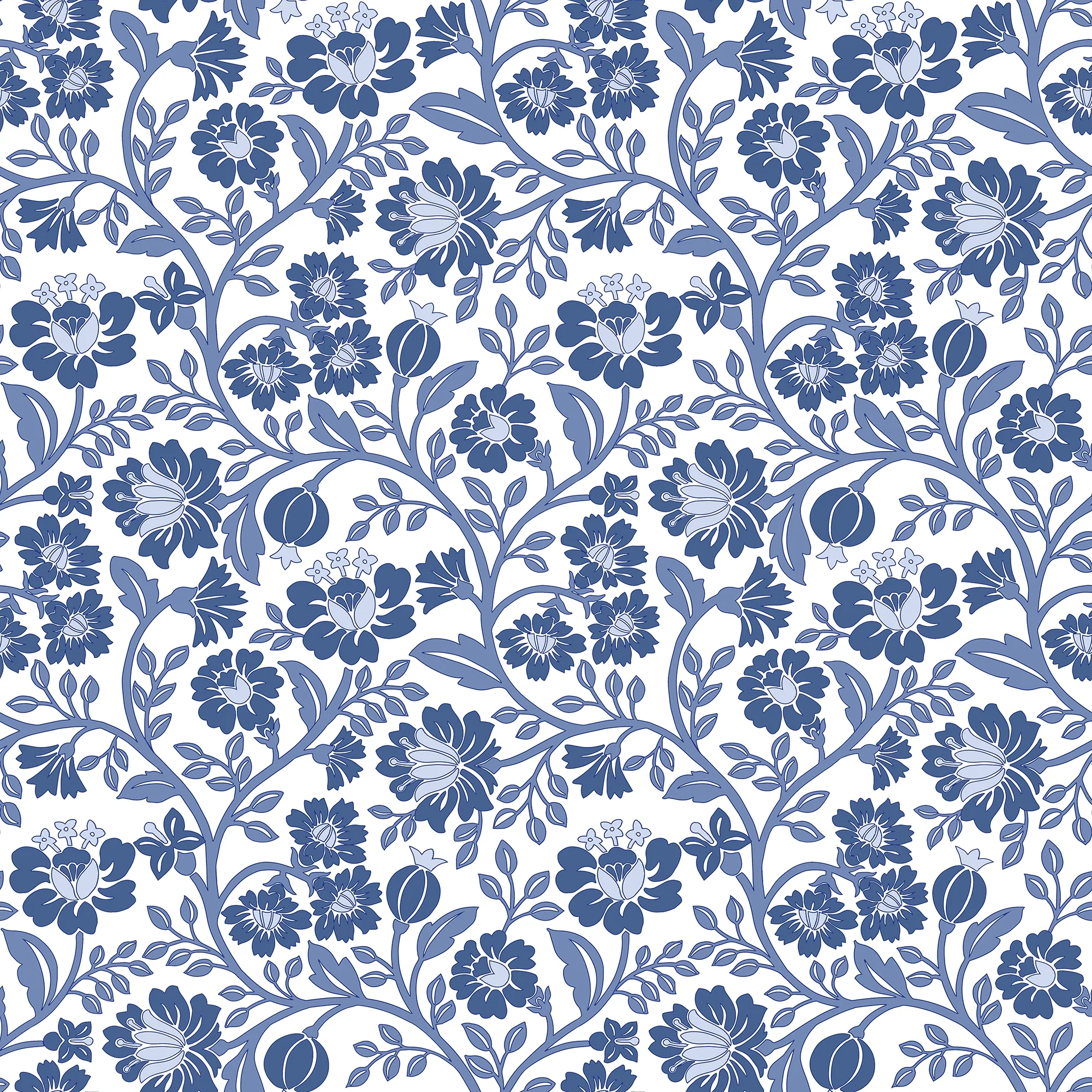 Folksy Floral Wallpaper in Blue on White