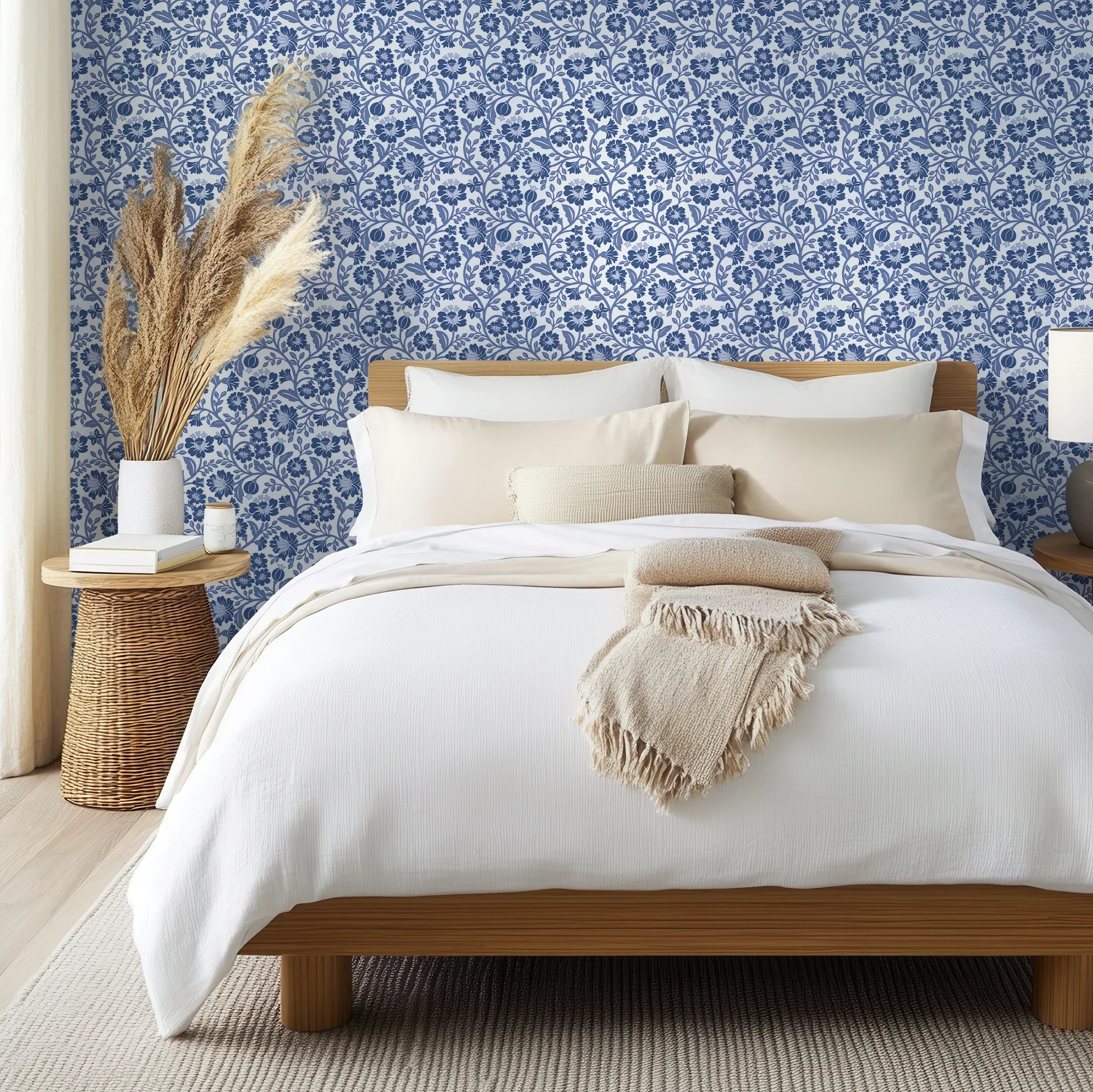 Folksy Floral Wallpaper in Blue on White - Image 2