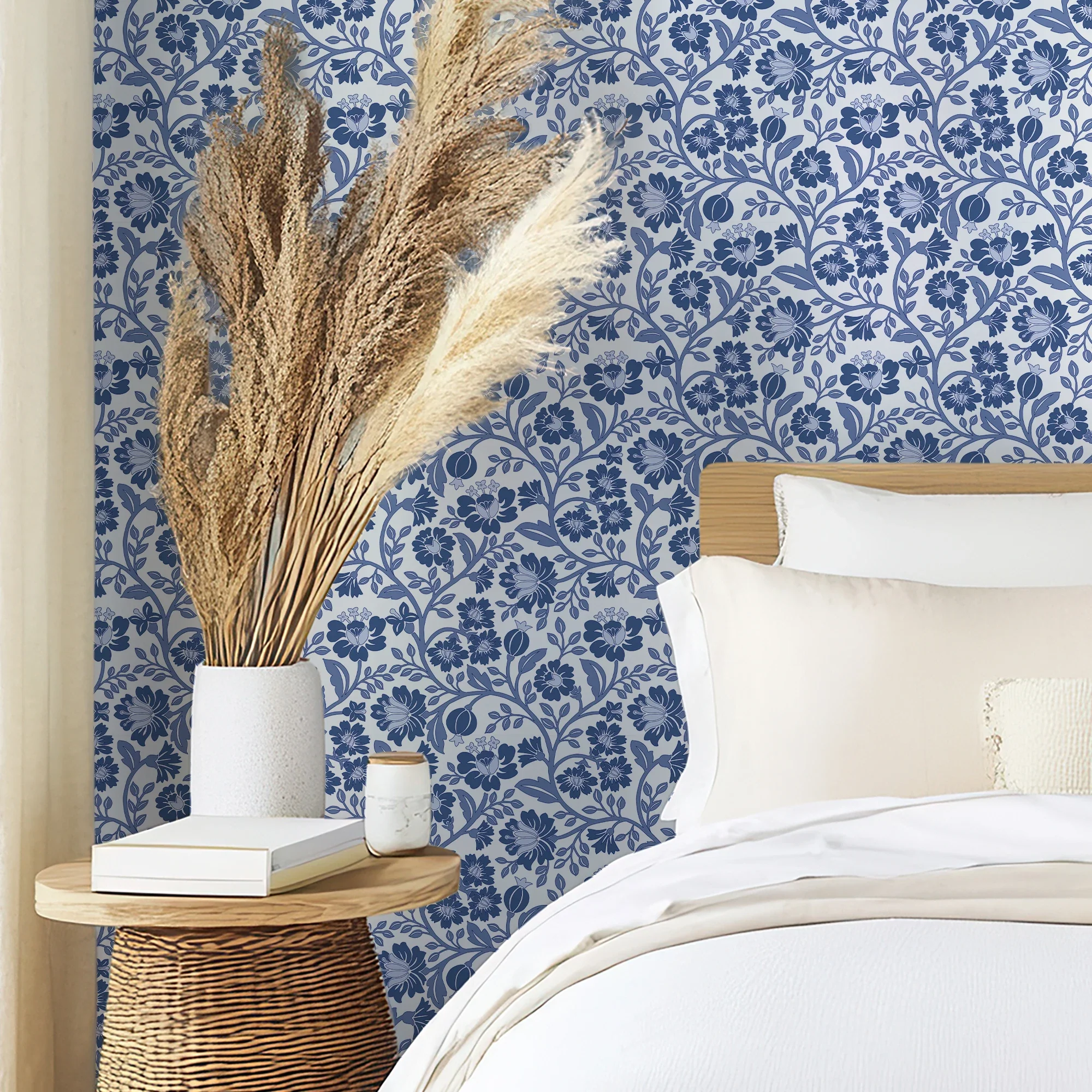 Folksy Floral Wallpaper in Blue on White - Image 3