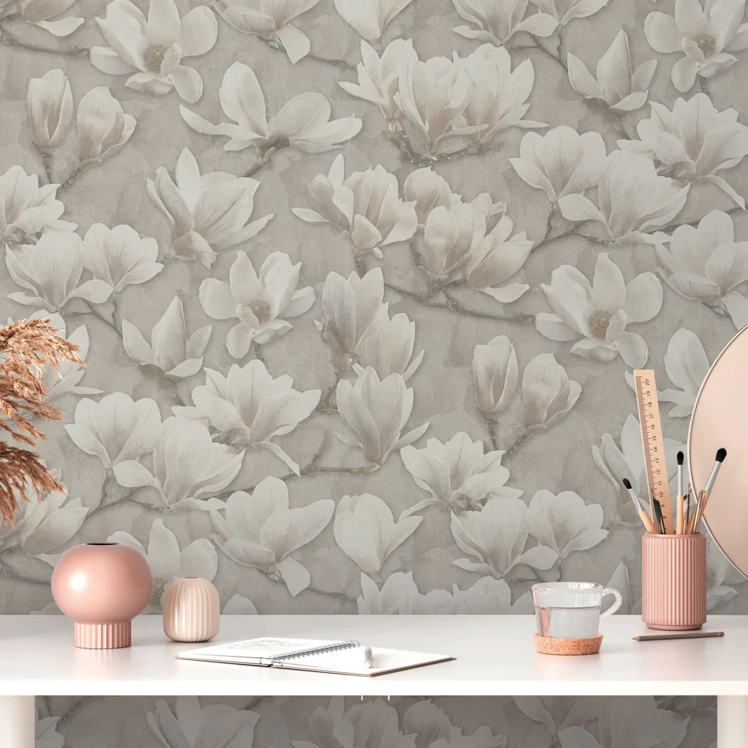 Gentle Blossoms Wallpaper in White on Grey - Image 2