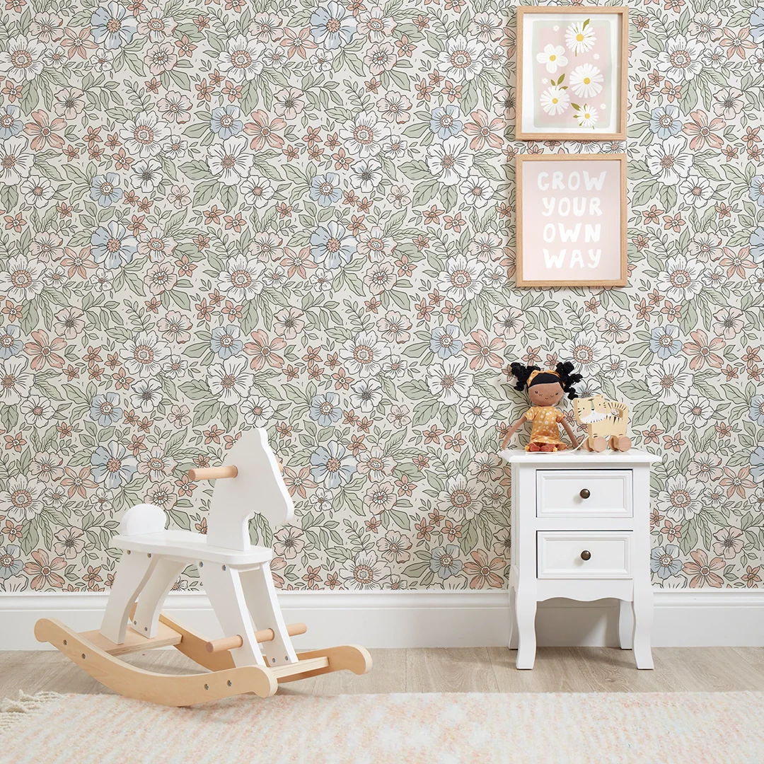 Gorgeous Gardenia Wallpaper in Sage, Soft Blues and Peach - Image 2