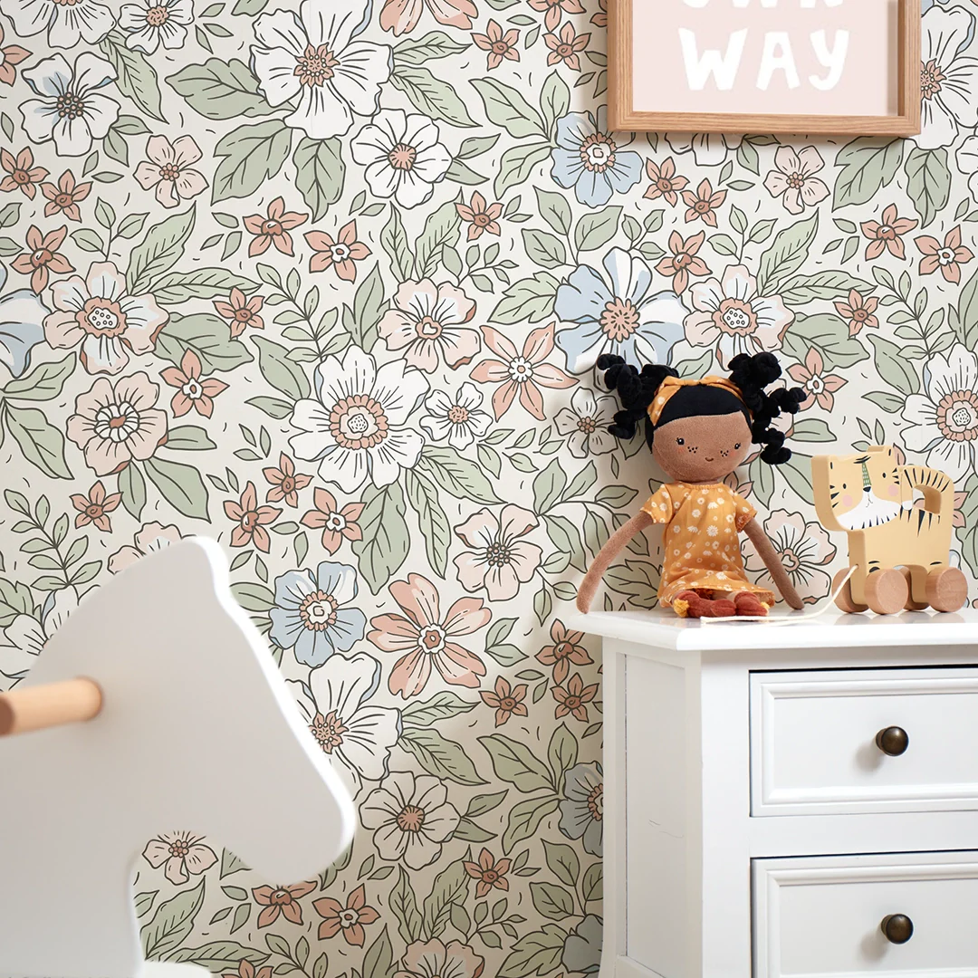 Gorgeous Gardenia Wallpaper in Sage, Soft Blues and Peach - Image 3