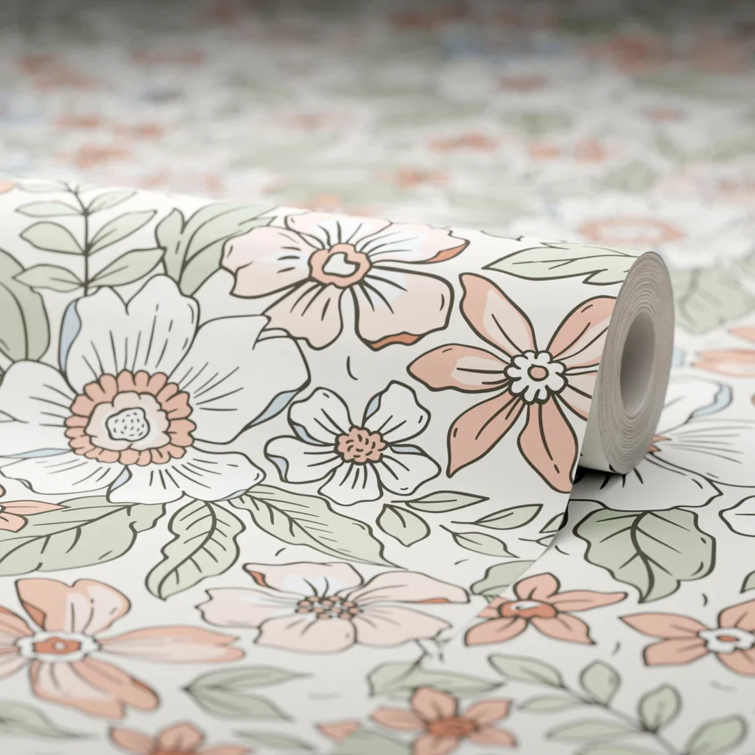 Gorgeous Gardenia Wallpaper in Sage, Soft Blues and Peach - Image 4