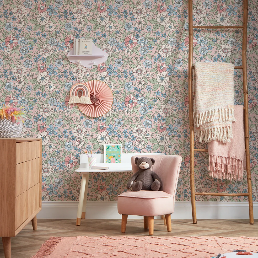 Gorgeous Gardenia Wallpaper in Soft Blue and Sage on Soft Pink - Image 2
