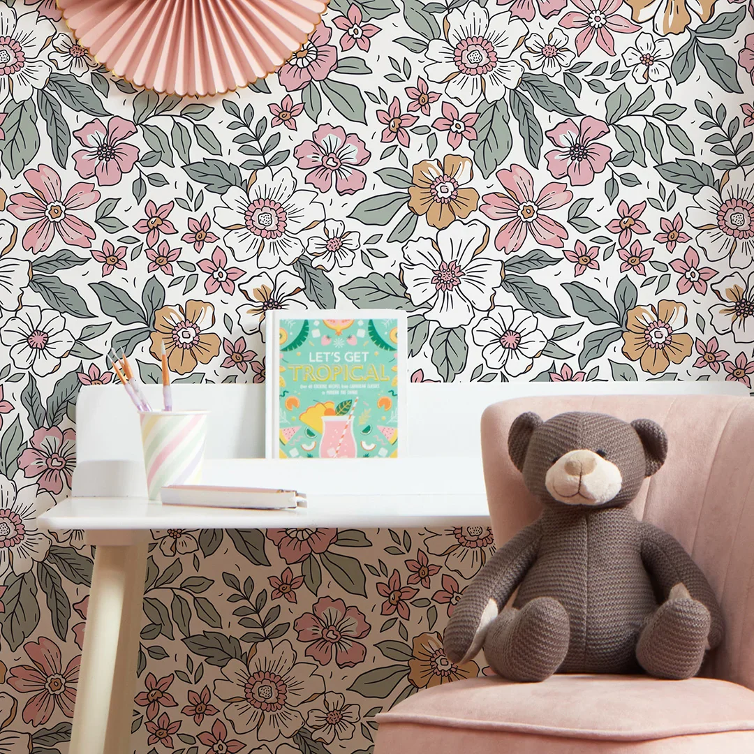 Gorgeous Gardenia Wallpaper in Sage Green and Pink on White - Image 3