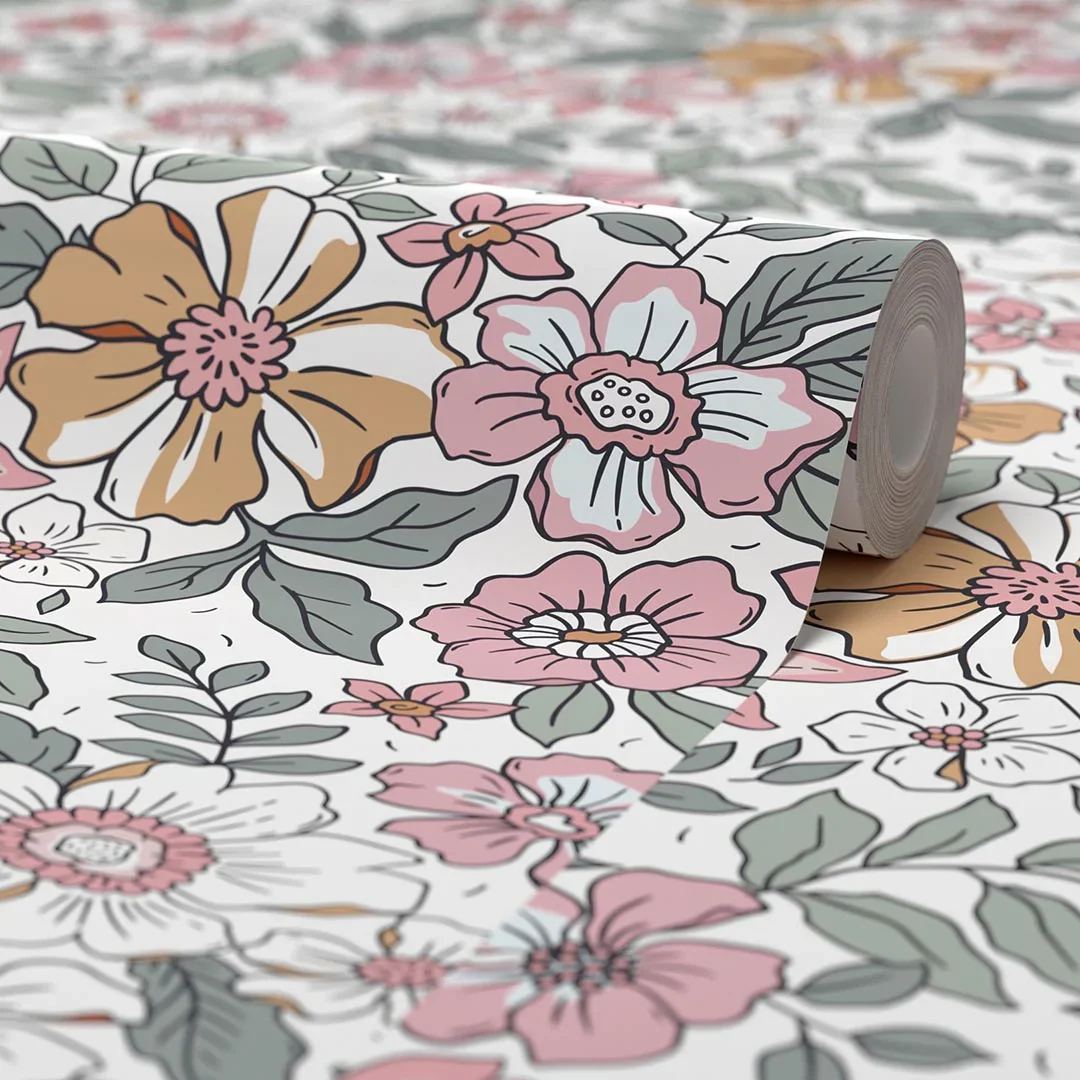 Gorgeous Gardenia Wallpaper in Sage Green and Pink on White - Image 4