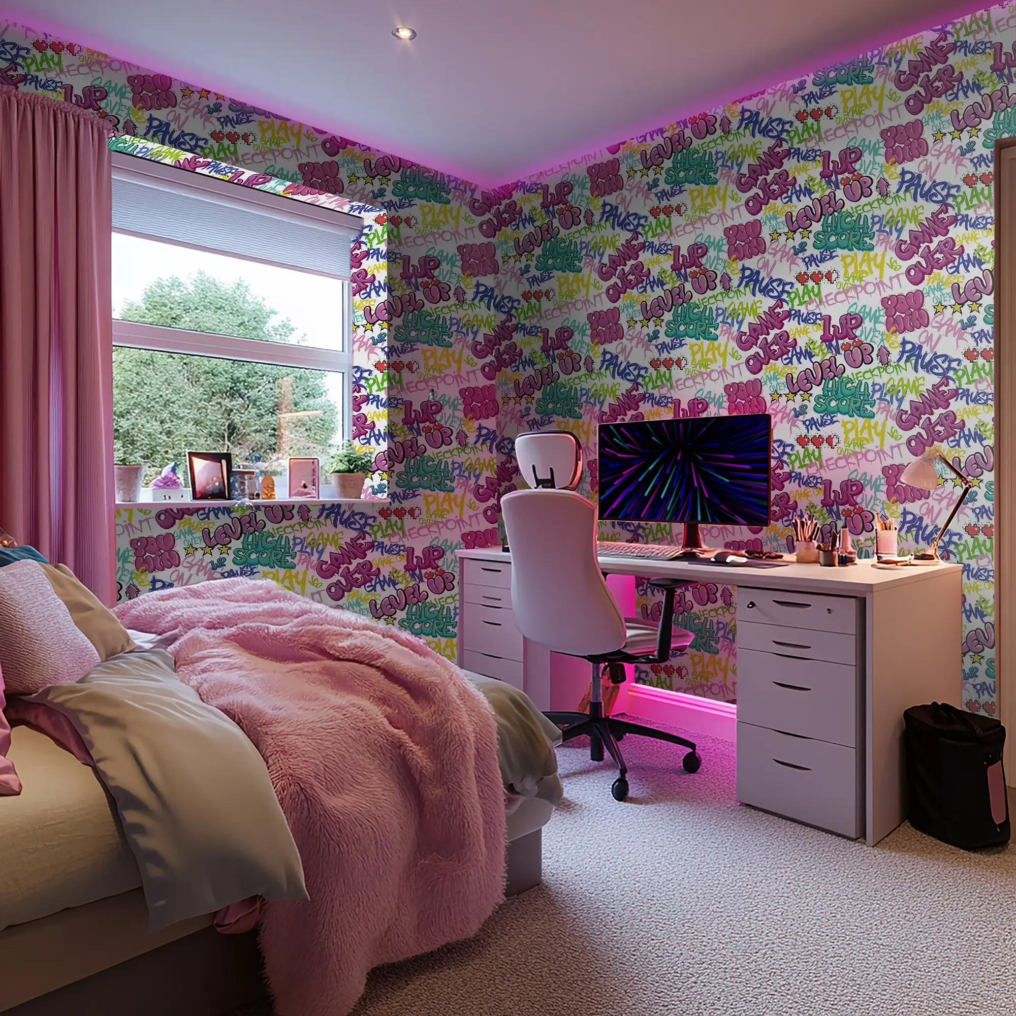 Graffiti Gamer Wallpaper in Pink on White - Image 2