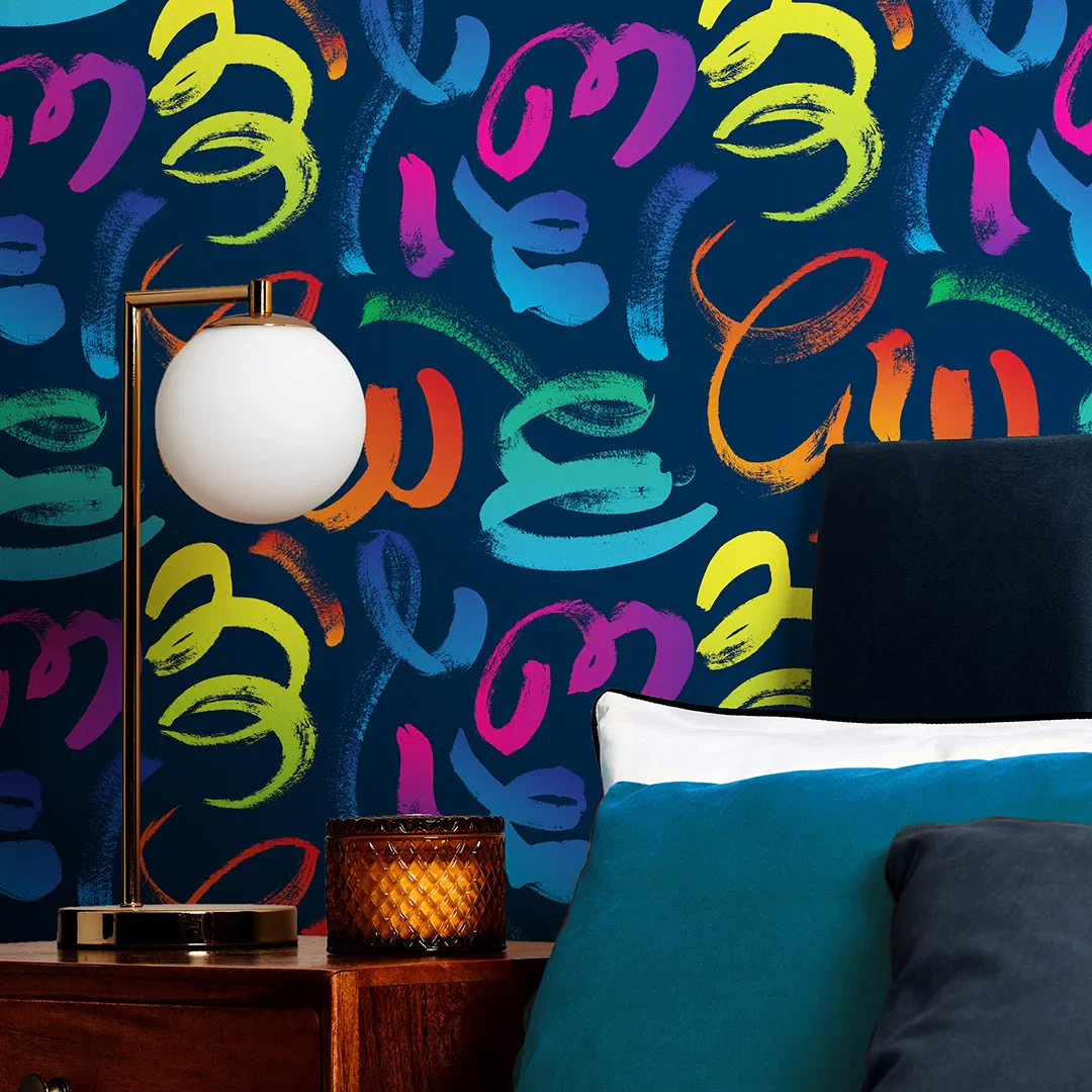 Graffito Wallpaper in Brights on Navy - Image 3