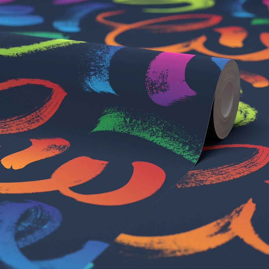Graffito Wallpaper in Brights on Navy - Image 4