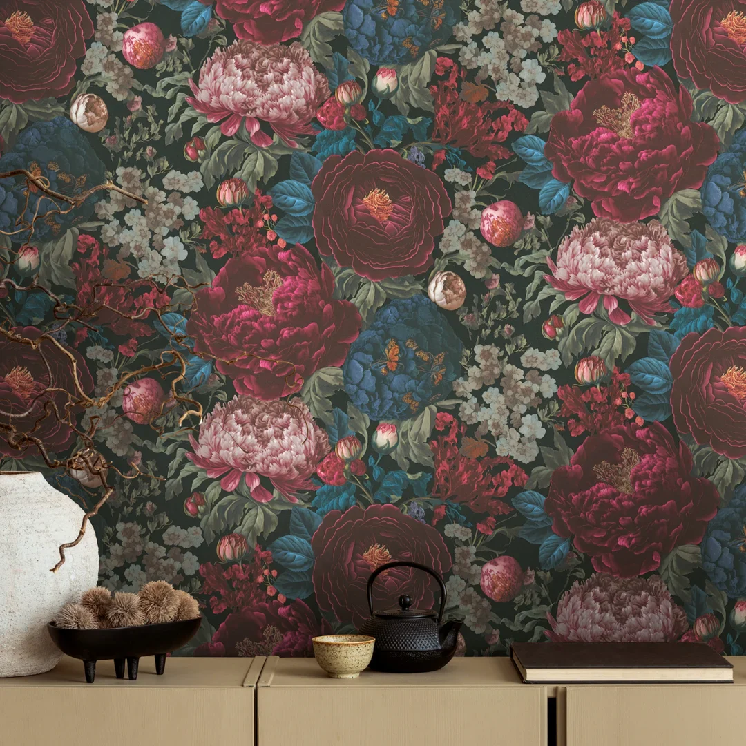 Grand Peony Garden Wallpaper in Burgundy and Blue - Image 2
