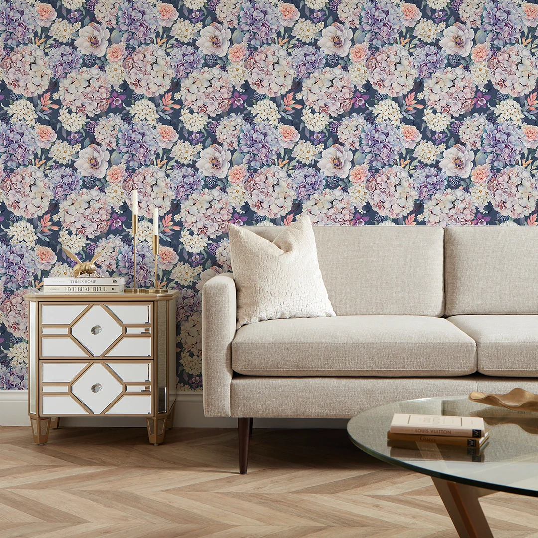 Hydrangea Bouquet Wallpaper in Soft Pastels on Navy - Image 2