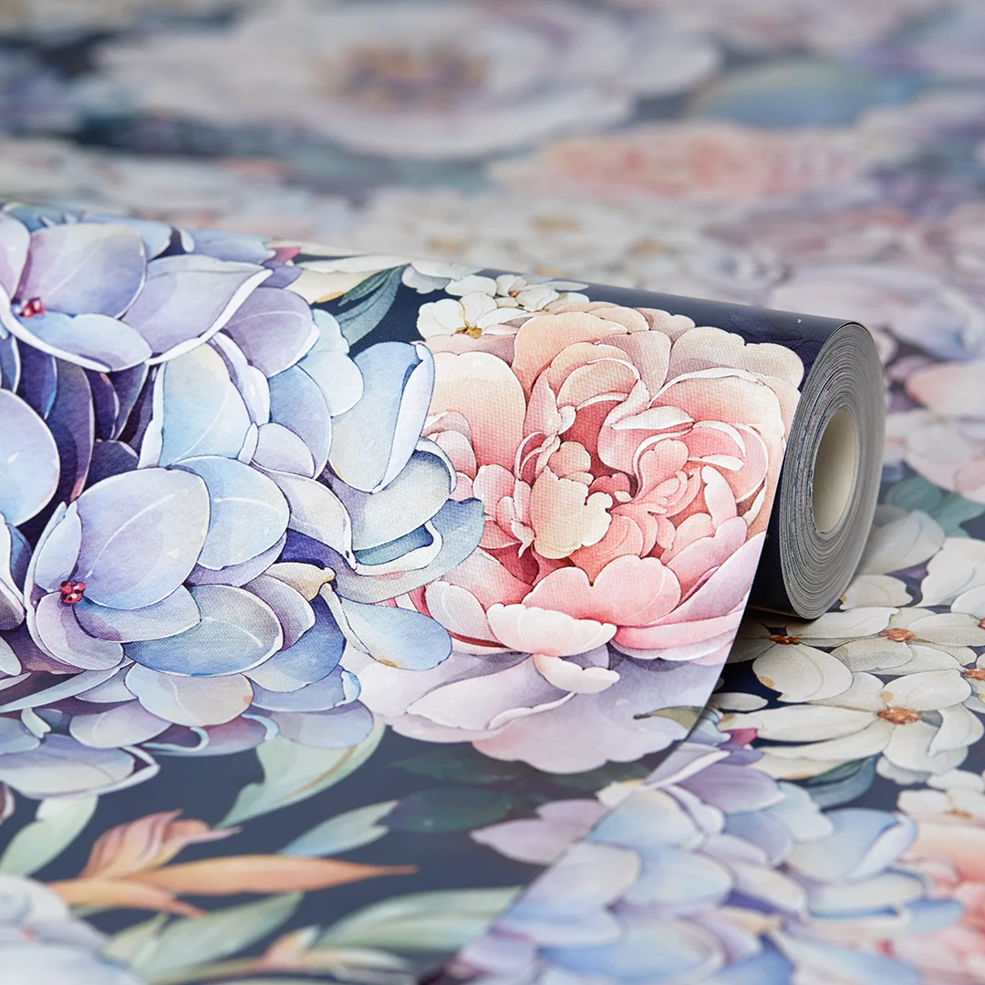 Hydrangea Bouquet Wallpaper in Soft Pastels on Navy - Image 3