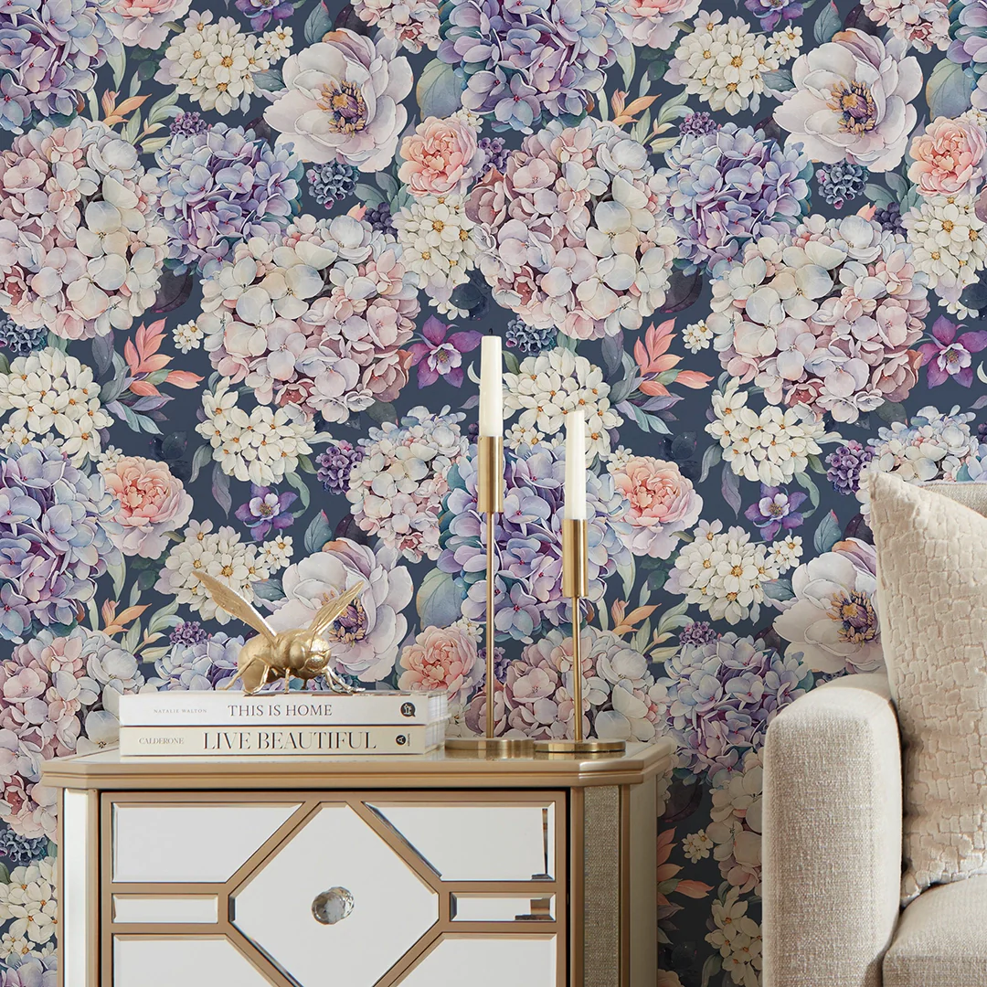 Hydrangea Bouquet Wallpaper in Soft Pastels on Navy - Image 4