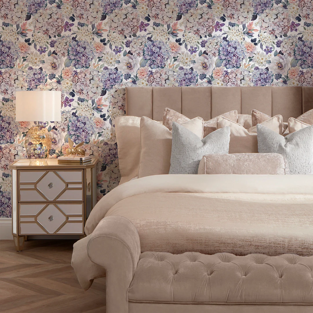 Hydrangea Bouquet Wallpaper in Soft Pastels on White - Image 2