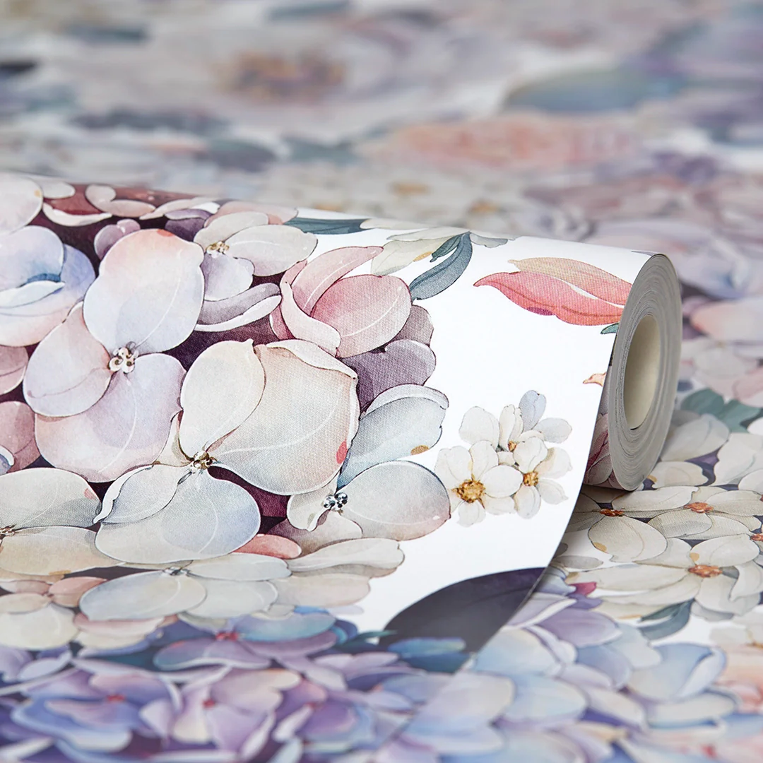 Hydrangea Bouquet Wallpaper in Soft Pastels on White - Image 3
