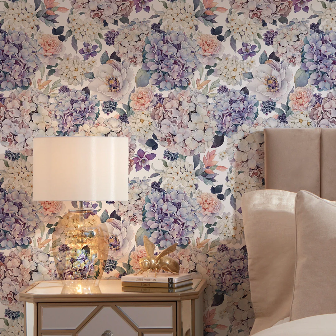 Hydrangea Bouquet Wallpaper in Soft Pastels on White - Image 4