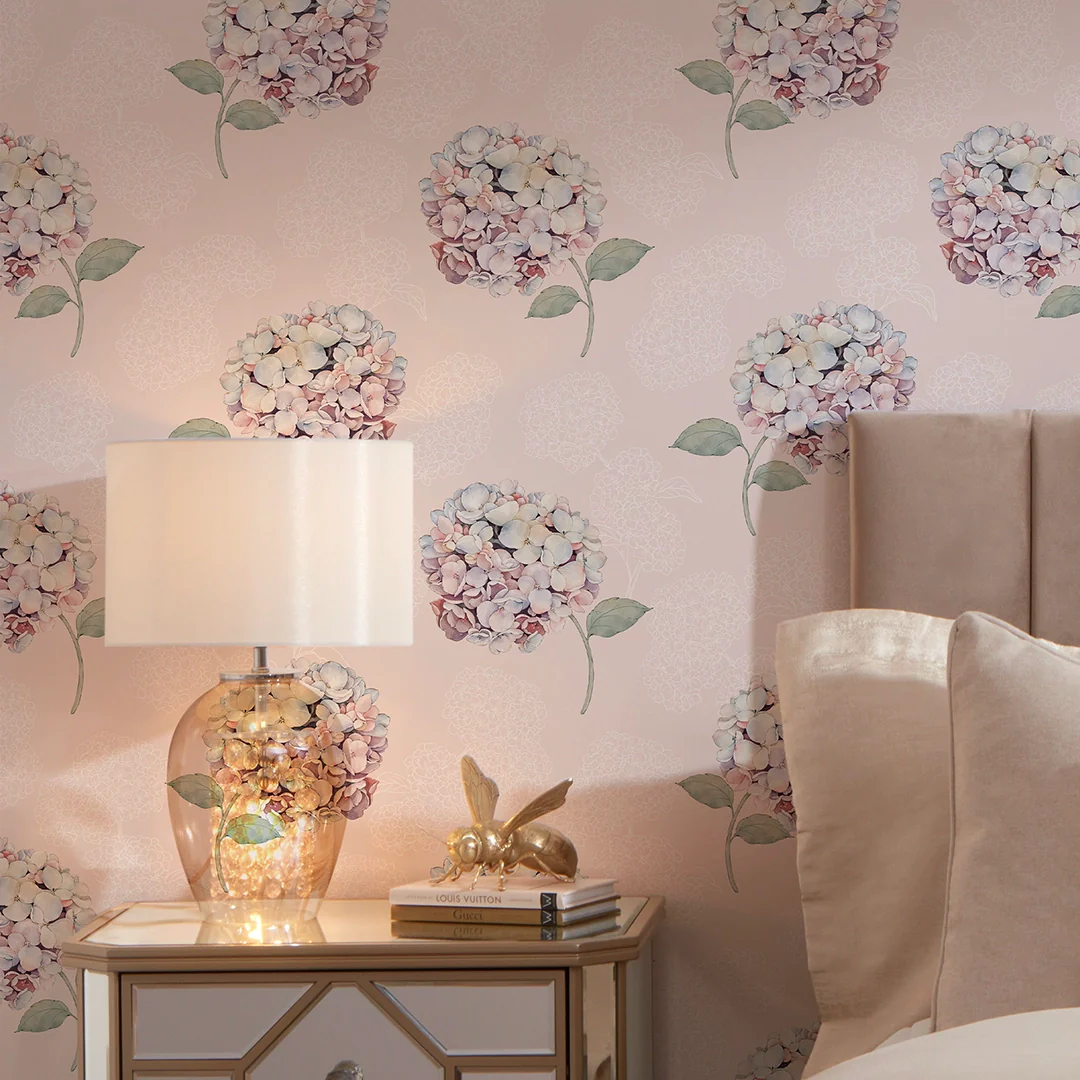 Hydrangea Harmony Wallpaper in Soft Pink - Image 4