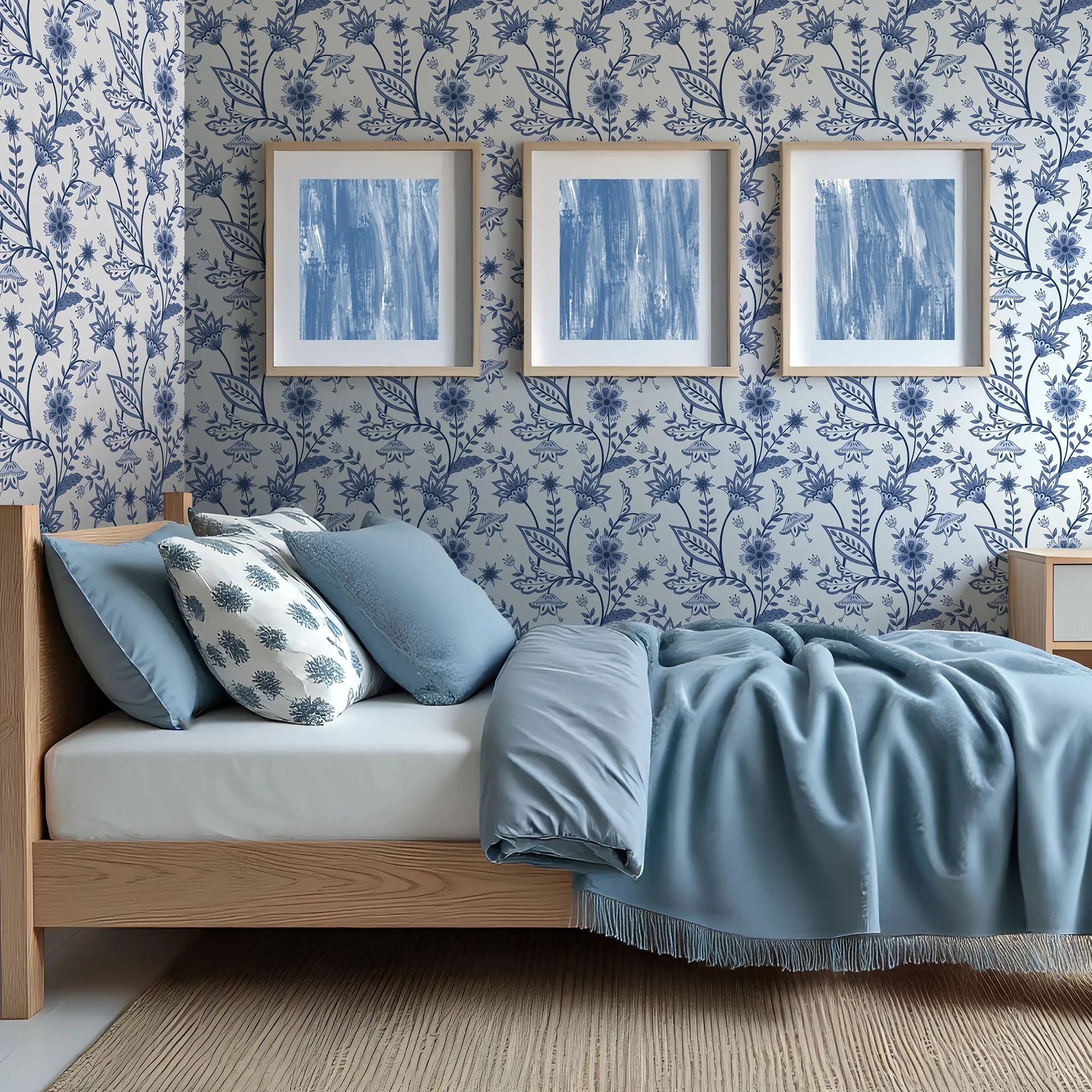 Jacobean Floral Wallpaper in Blue on White - Image 2