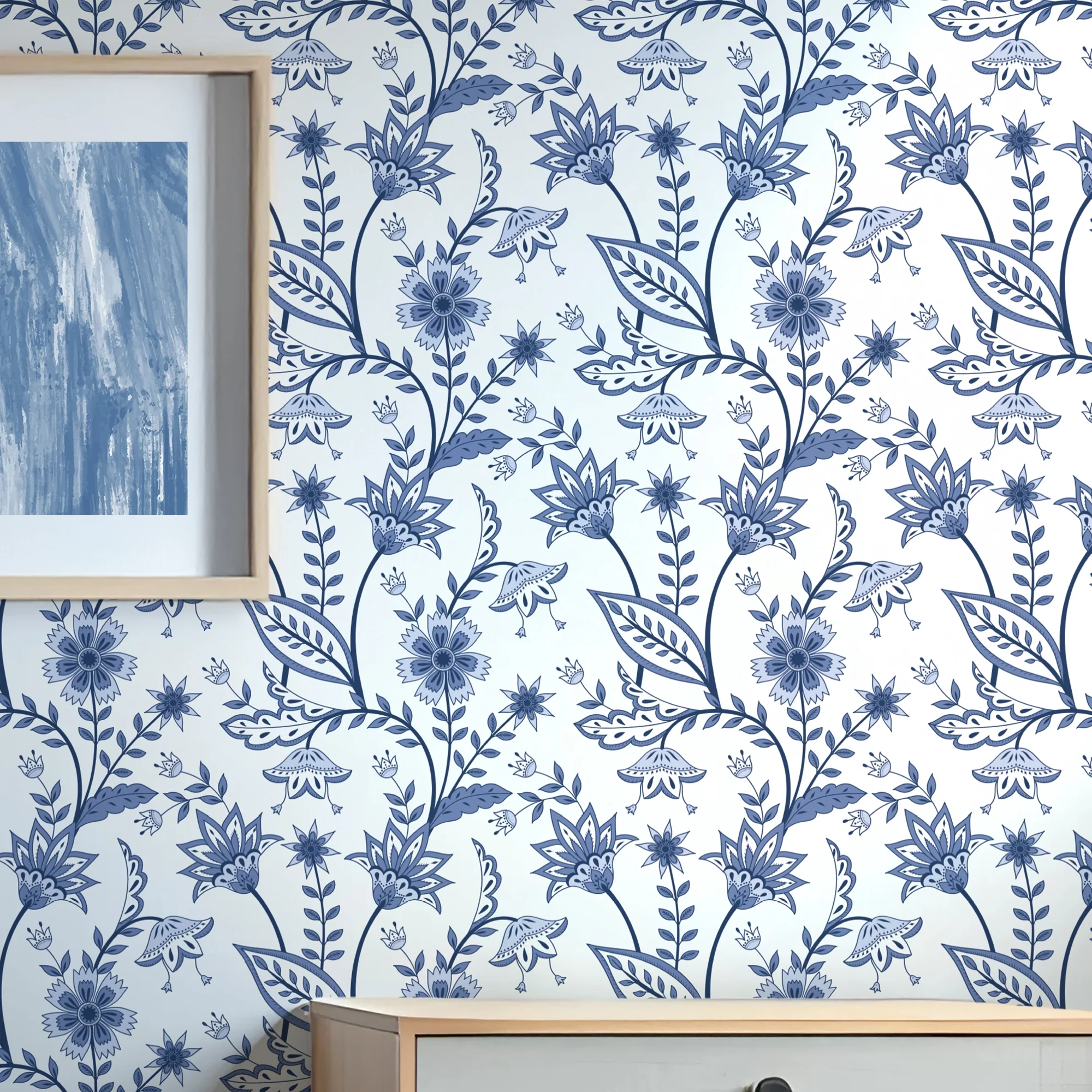 Jacobean Floral Wallpaper in Blue on White - Image 3
