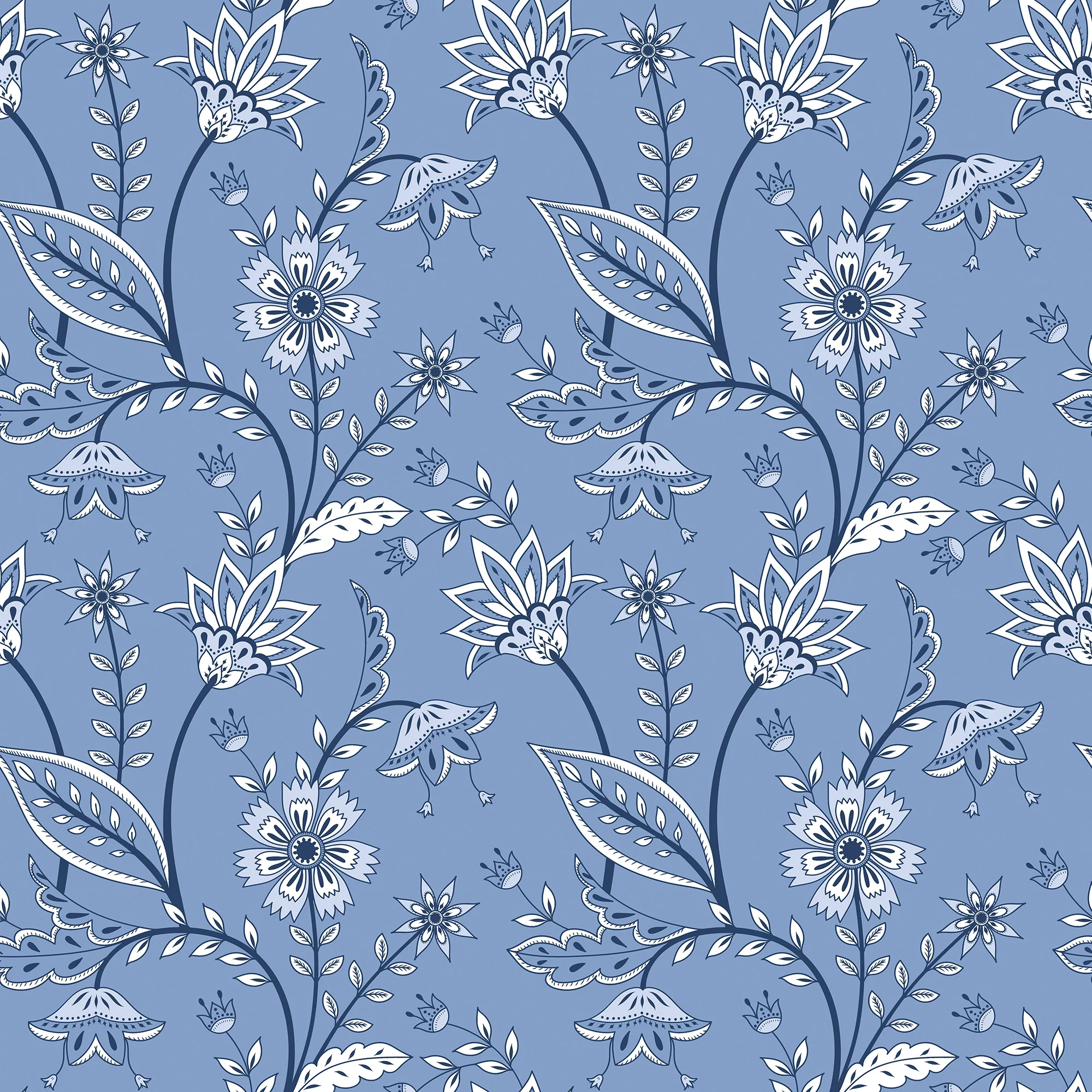 Jacobean Floral Wallpaper in Cornflower Blue