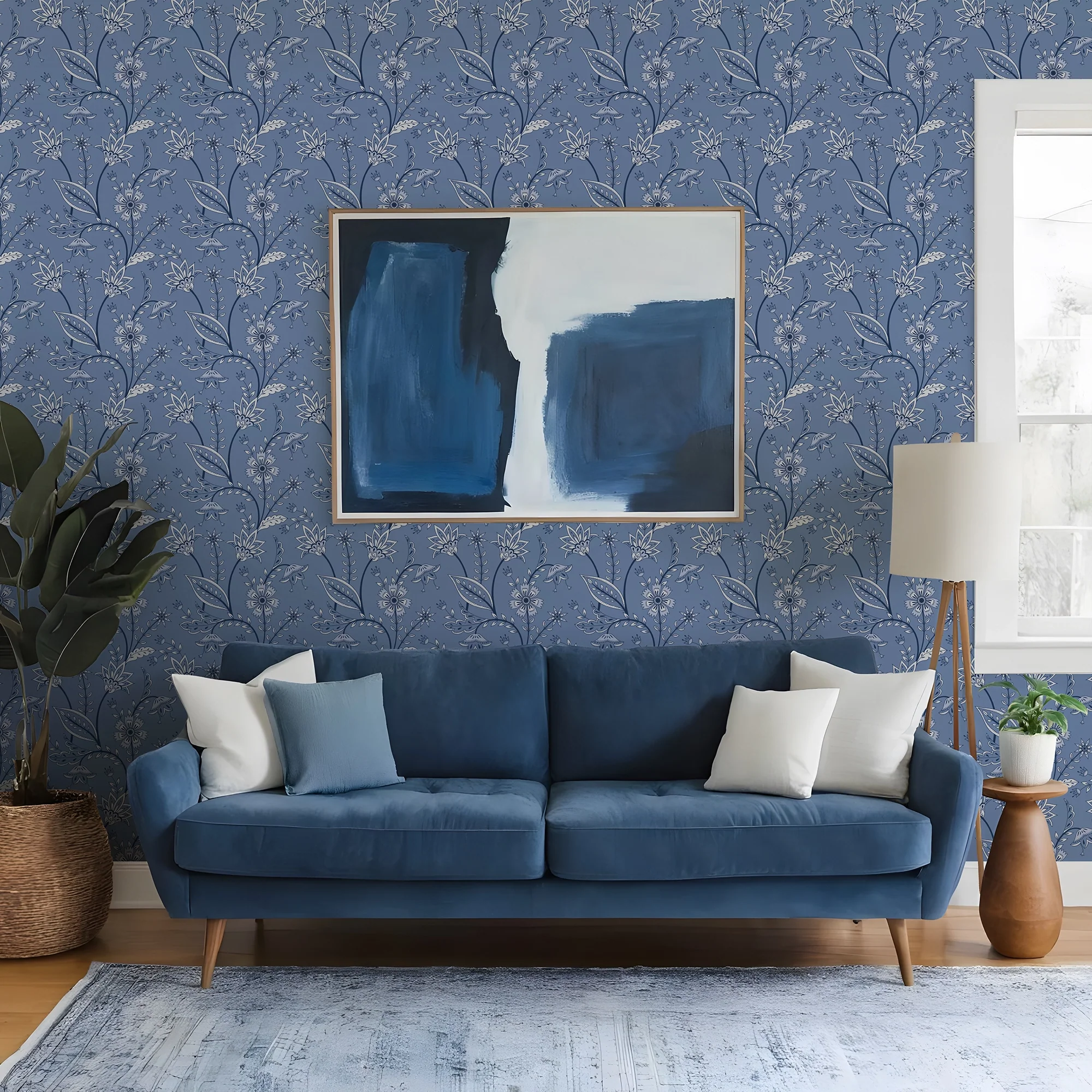 Jacobean Floral Wallpaper in Cornflower Blue - Image 2