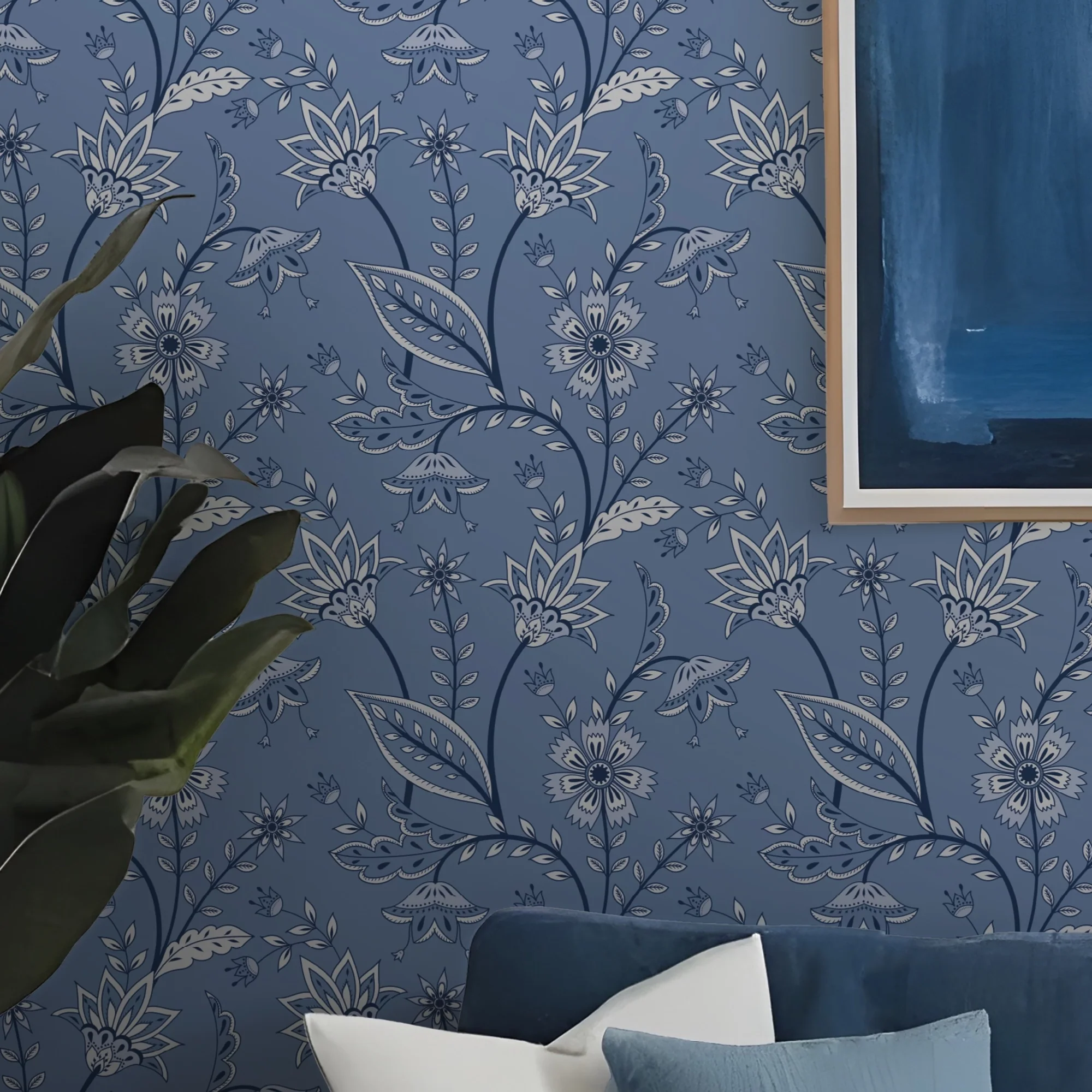 Jacobean Floral Wallpaper in Cornflower Blue - Image 3