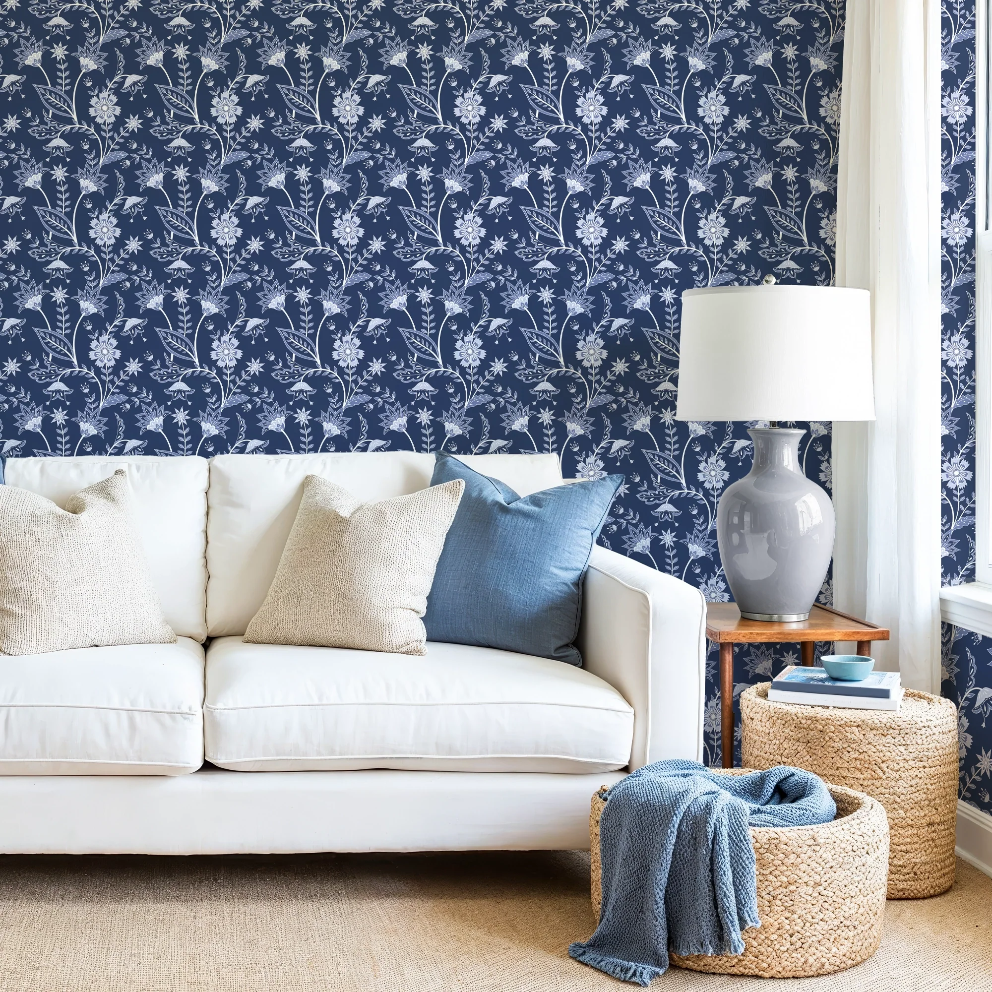 Jacobean Floral Wallpaper in Navy - Image 2