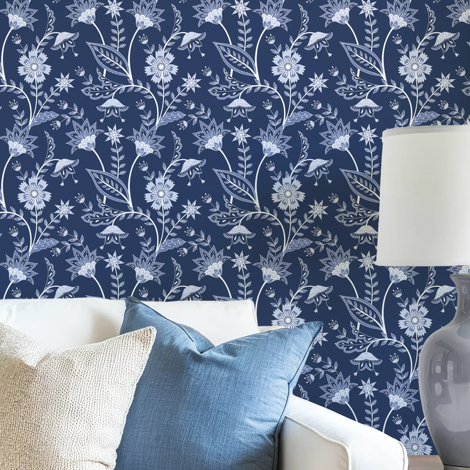 Jacobean Floral Wallpaper in Navy - Image 3