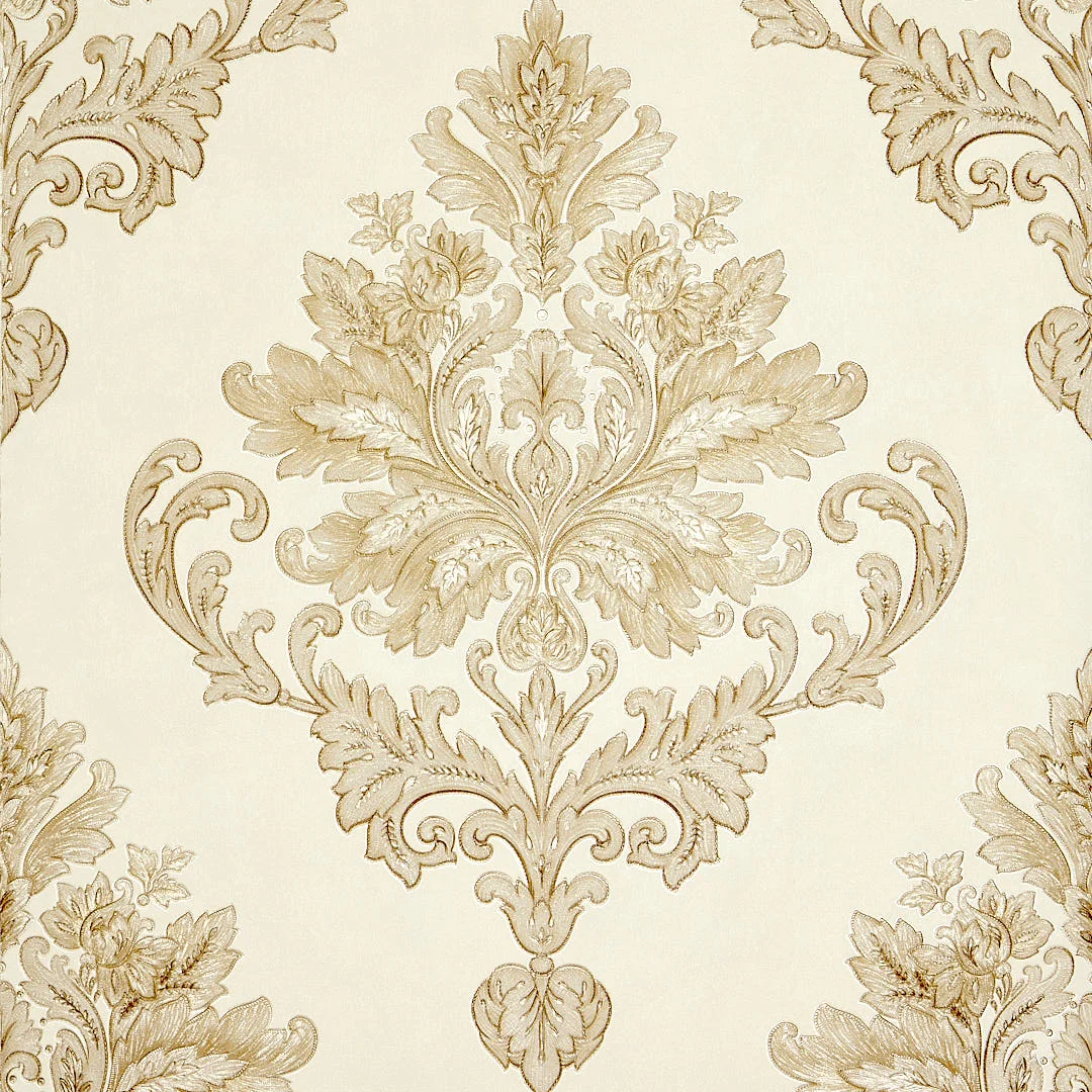 Jasmine Damask Wallpaper in Cream and Metallic Gold