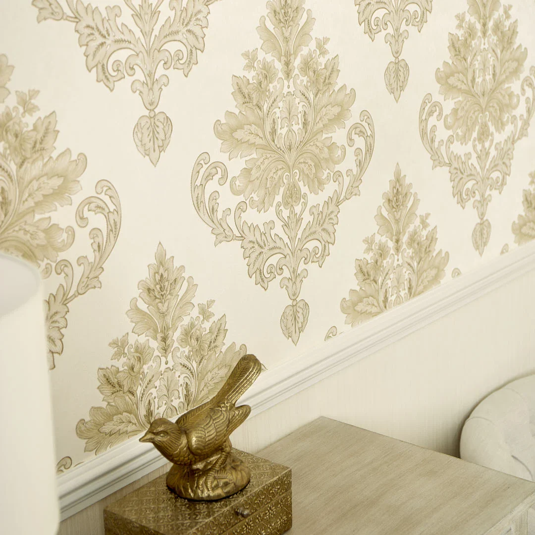 Jasmine Damask Wallpaper in Cream and Metallic Gold - Image 3