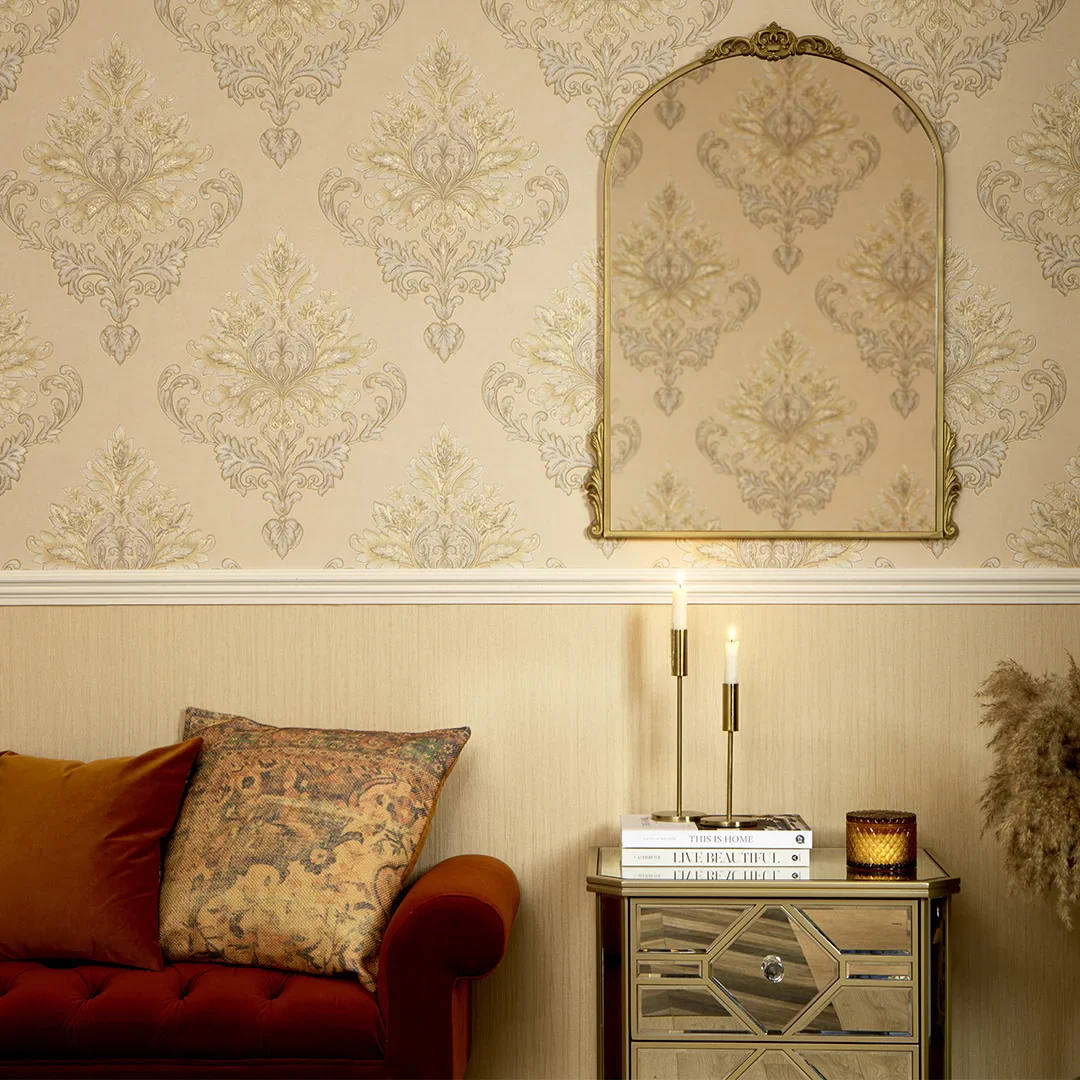 Jasmine Damask Wallpaper in Sand with Metallic Gold - Image 2