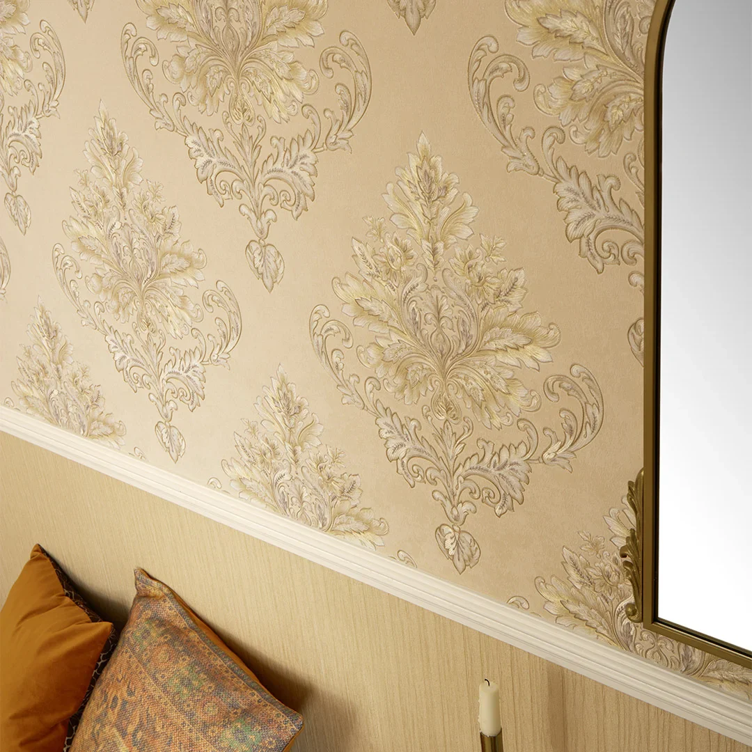 Jasmine Damask Wallpaper in Sand with Metallic Gold - Image 3