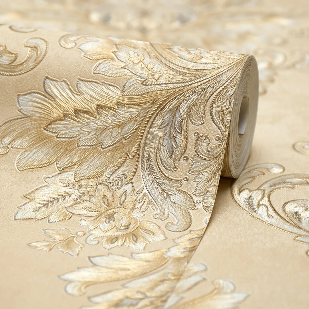 Jasmine Damask Wallpaper in Sand with Metallic Gold - Image 4