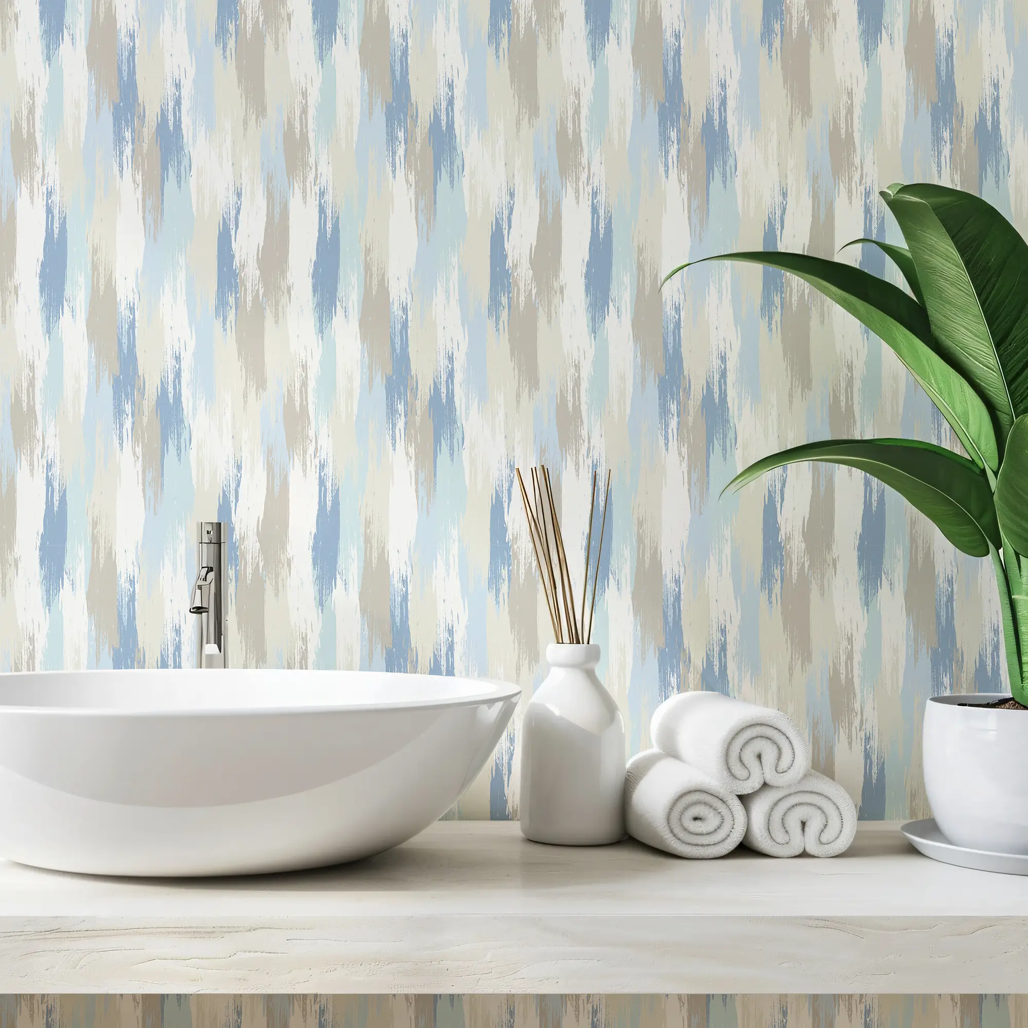 Layered Brushstrokes Wallpaper in Blues and Neutrals - Image 2