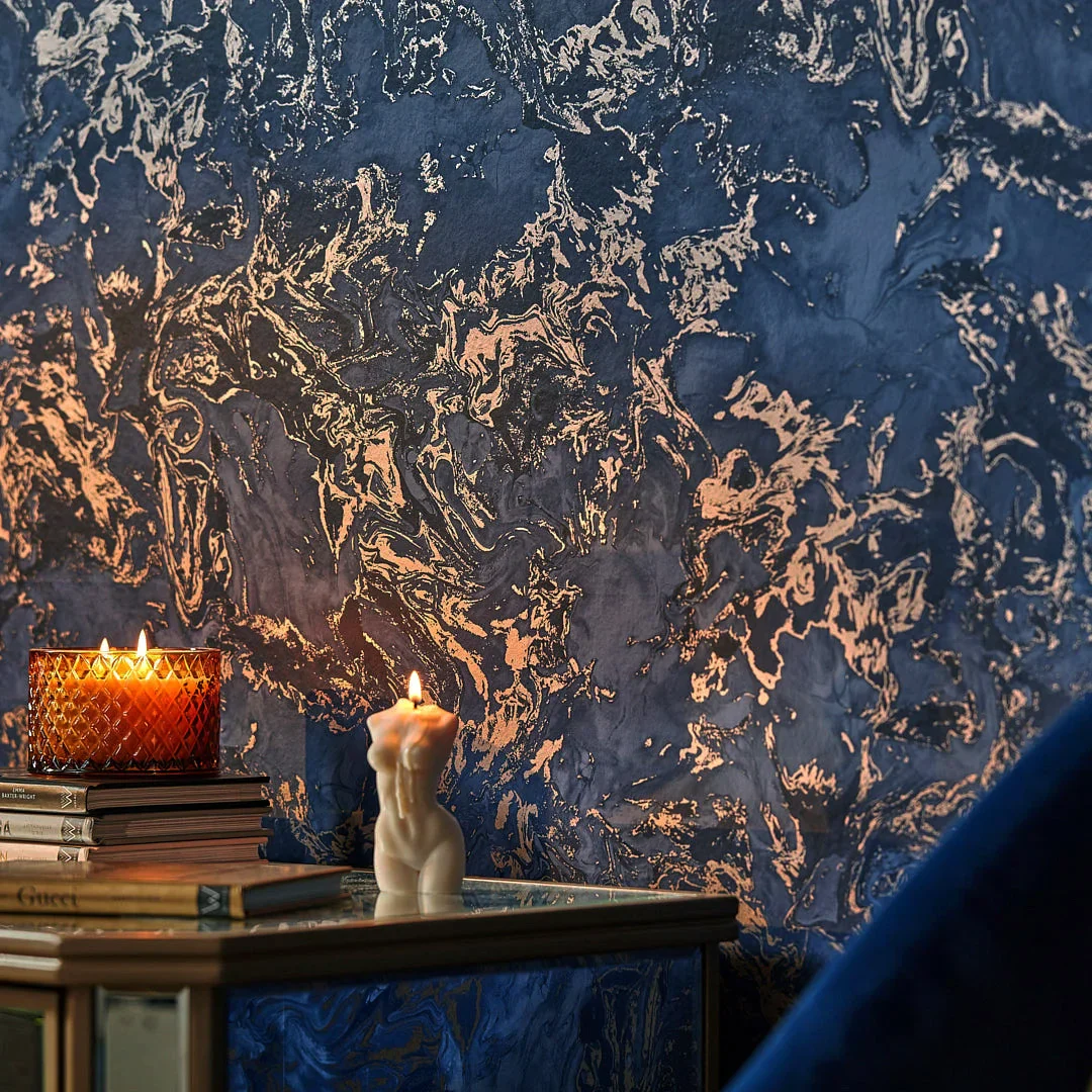 Liquid Marble Wallpaper in Blue and Bronze - Image 3