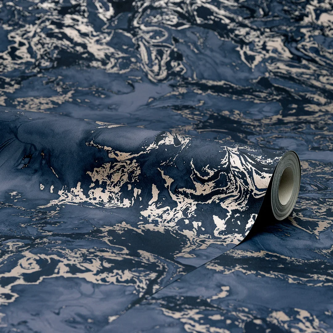 Liquid Marble Wallpaper in Blue and Bronze - Image 4