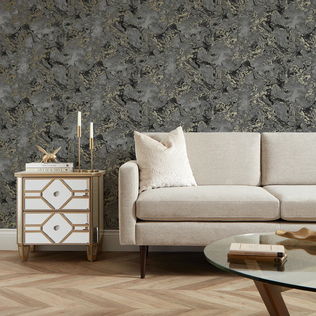Liquid Marble Wallpaper in Charcoal and Gold - Image 2