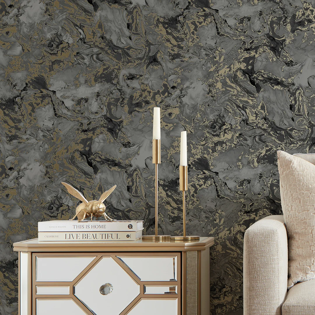 Liquid Marble Wallpaper in Charcoal and Gold - Image 3