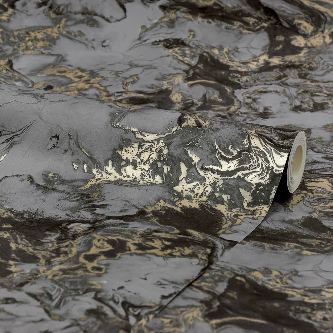 Liquid Marble Wallpaper in Charcoal and Gold - Image 4